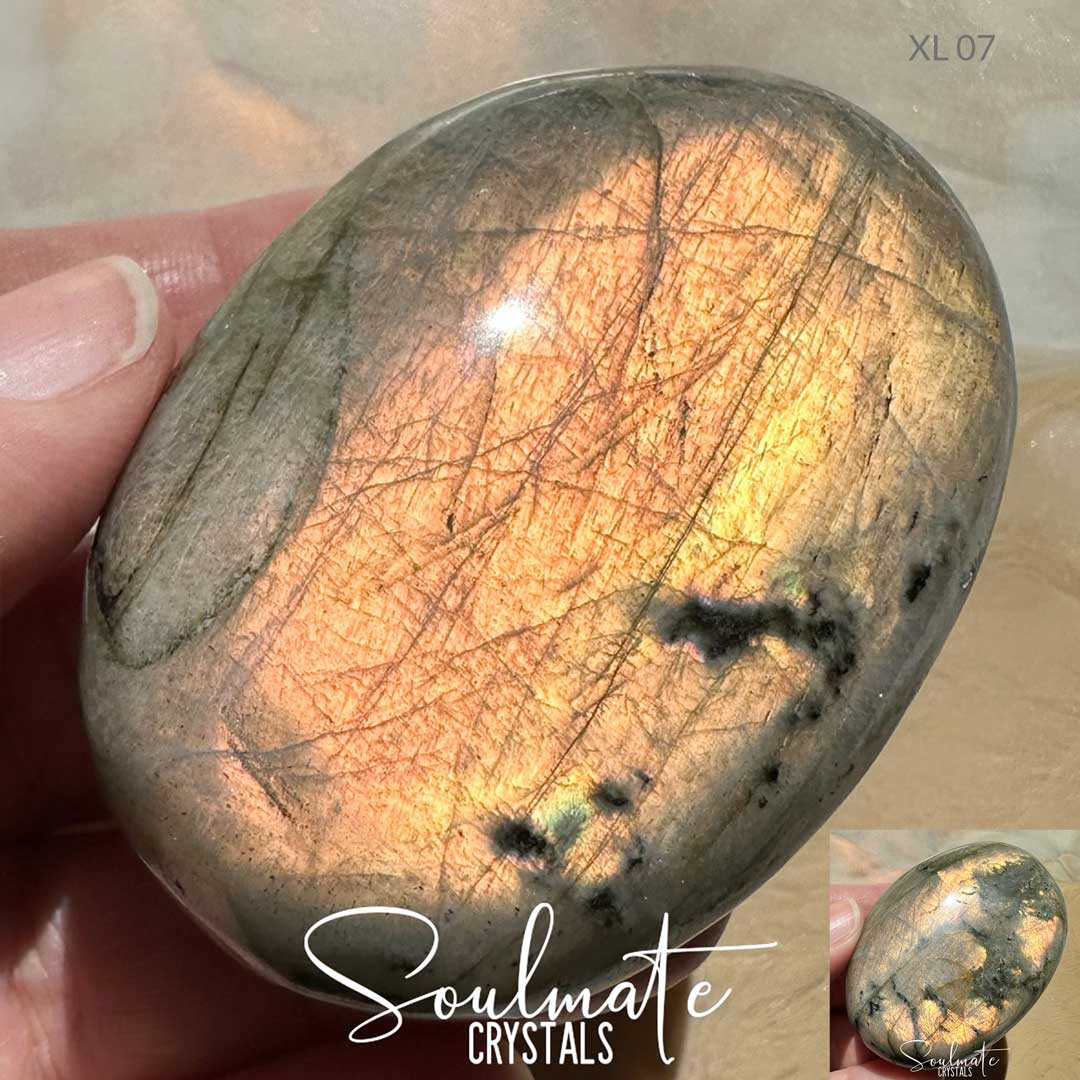 Soulmate Crystals Labradorite Sunset Golden Polished Crystal Palm Stone, Pink, Orange, Tangerine, Gold, Green Flash Polished Crystal for Intuition, Transformation, Wisdom, Spiritual Path, Higher Consciousness, Grade A, Extra Quality Grade Sunset Labradorite.