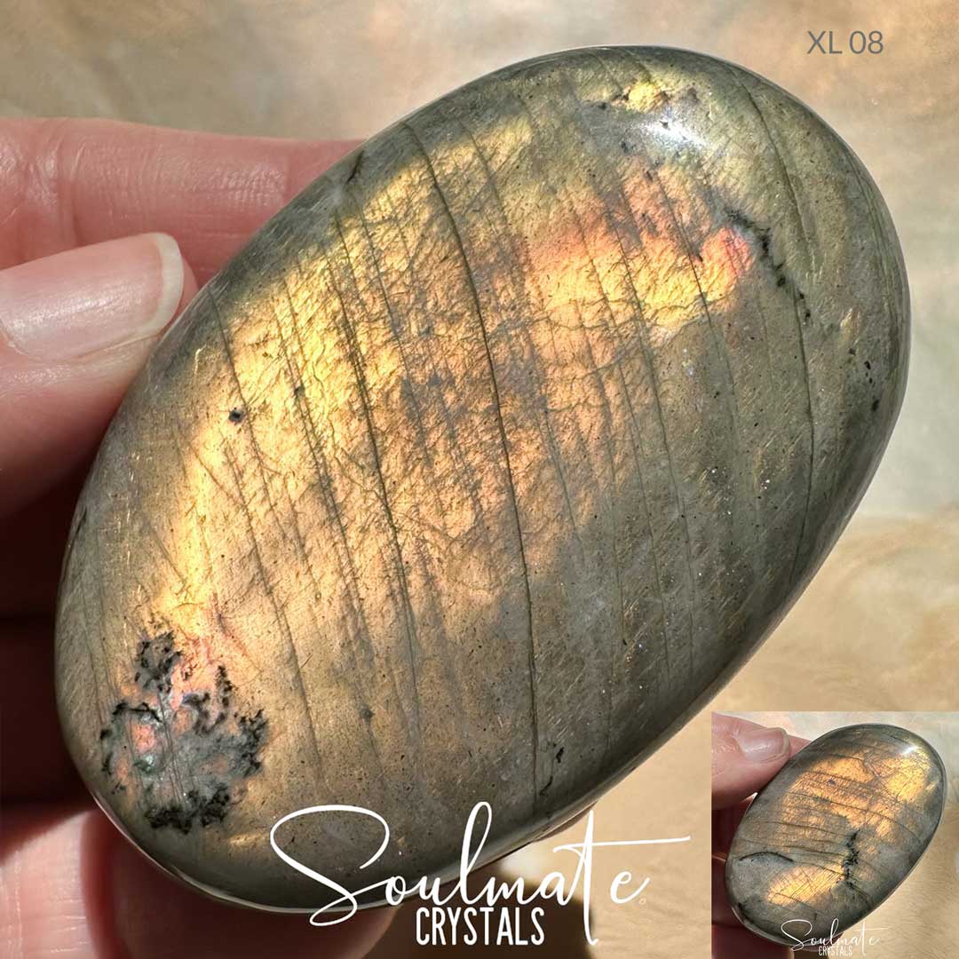 Soulmate Crystals Labradorite Sunset Golden Polished Crystal Palm Stone, Pink, Orange, Tangerine, Gold, Green Flash Polished Crystal for Intuition, Transformation, Wisdom, Spiritual Path, Higher Consciousness, Grade A, Extra Quality Grade Sunset Labradorite.