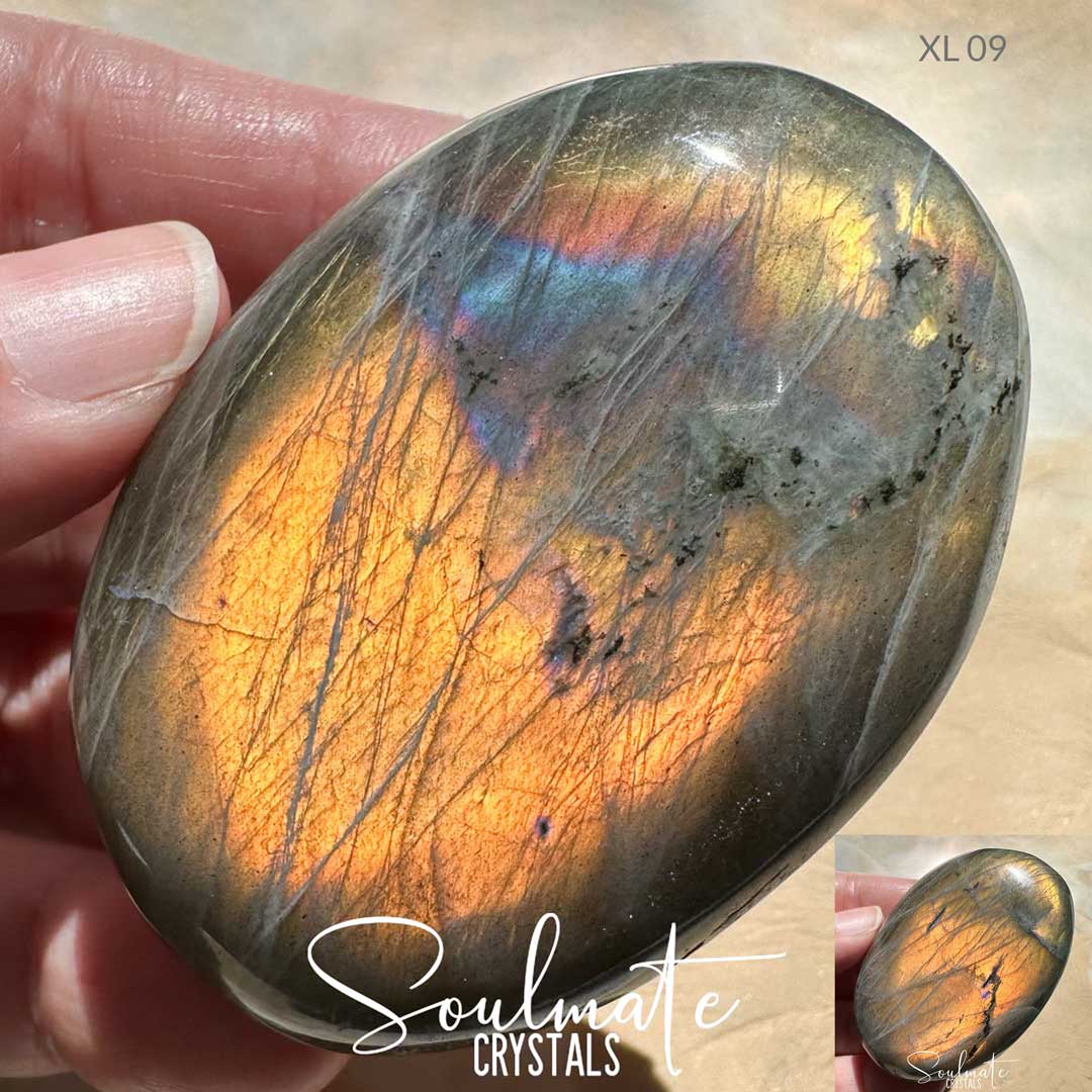 Soulmate Crystals Labradorite Sunset Golden Polished Crystal Palm Stone, Pink, Orange, Tangerine, Gold, Green Flash Polished Crystal for Intuition, Transformation, Wisdom, Spiritual Path, Higher Consciousness, Grade A, Extra Quality Grade Sunset Labradorite.