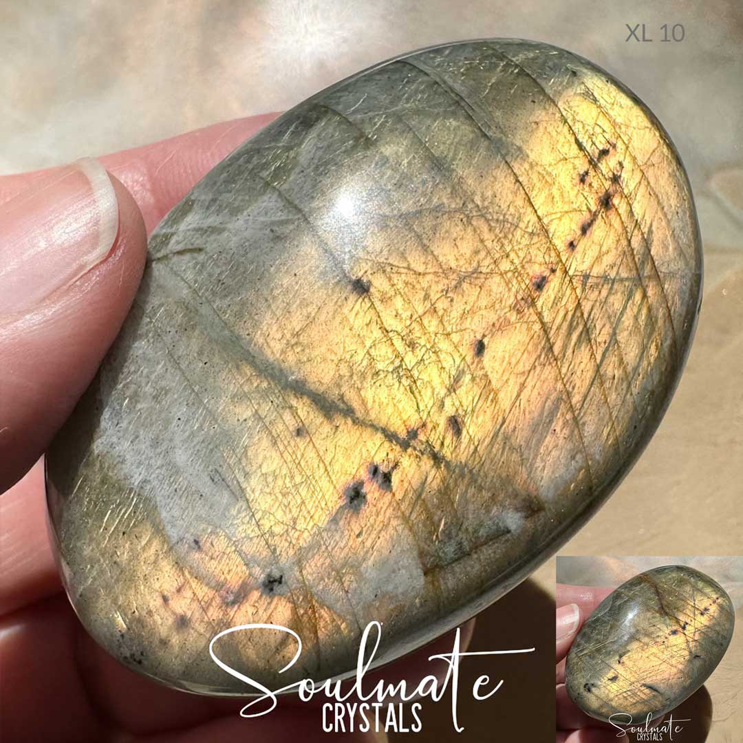 Soulmate Crystals Labradorite Sunset Golden Polished Crystal Palm Stone, Pink, Orange, Tangerine, Gold, Green Flash Polished Crystal for Intuition, Transformation, Wisdom, Spiritual Path, Higher Consciousness, Grade A, Extra Quality Grade Sunset Labradorite.