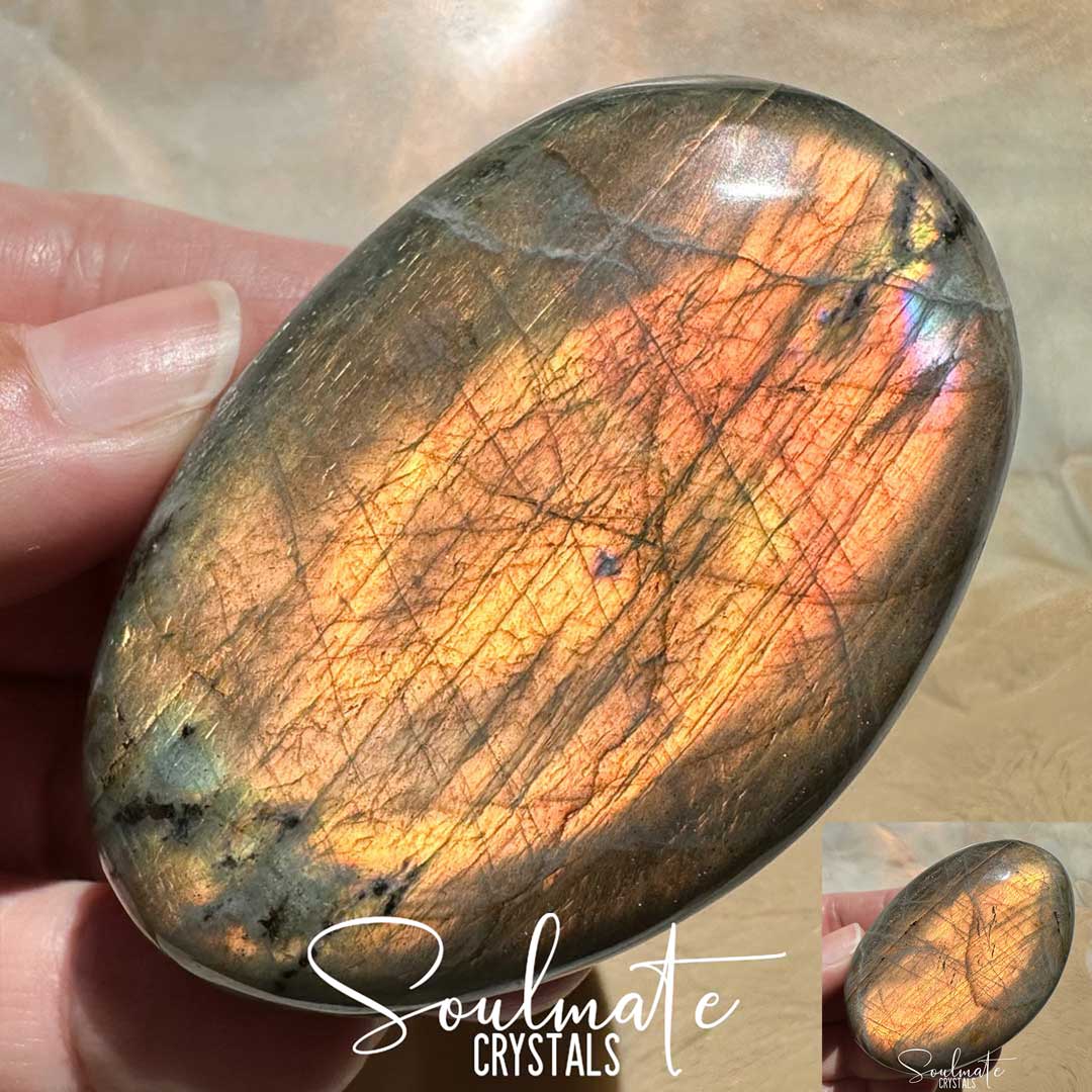 Soulmate Crystals Labradorite Sunset Golden Polished Crystal Palm Stone, Pink, Orange, Tangerine, Gold, Green Flash Polished Crystal for Intuition, Transformation, Wisdom, Spiritual Path, Higher Consciousness, Grade A, Extra Quality Grade Sunset Labradorite.