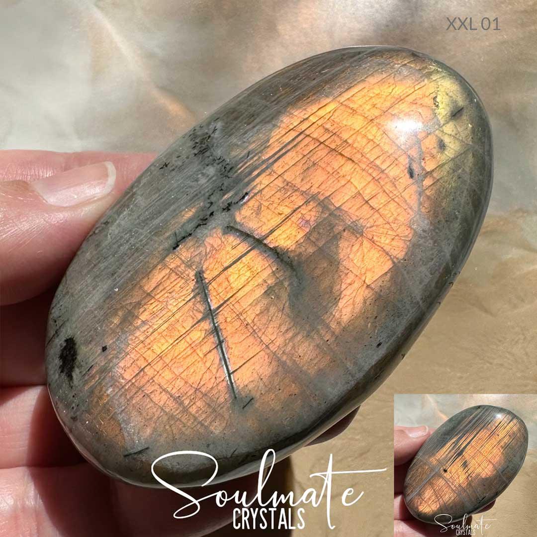 Soulmate Crystals Labradorite Sunset Golden Polished Crystal Palm Stone, Pink, Orange, Tangerine, Gold, Green Flash Polished Crystal for Intuition, Transformation, Wisdom, Spiritual Path, Higher Consciousness, Grade A, Extra Quality Grade Sunset Labradorite.