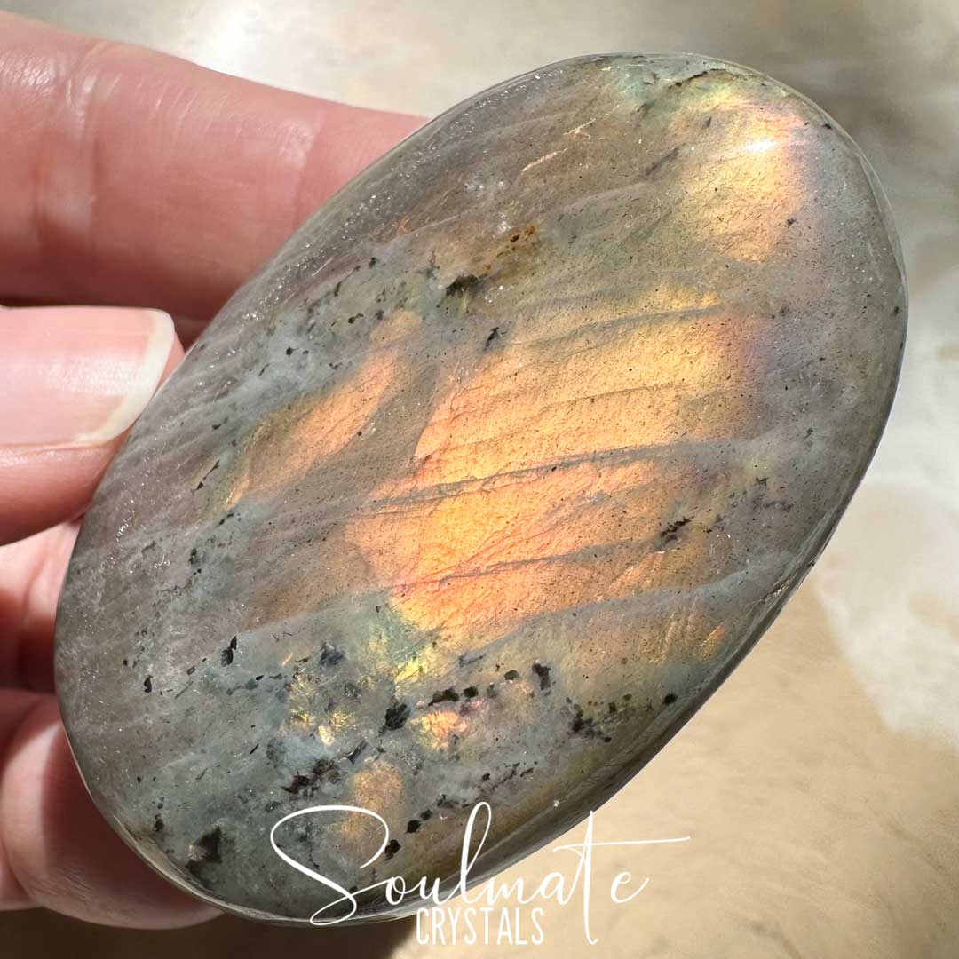 Soulmate Crystals Labradorite Sunset Polished Crystal Palm Stone, Pink, Orange, Gold, Green Flash Polished Crystal for Intuition, Transformation, Higher Consciousness, Grade A, Extra Quality Grade Sunset Labradorite.