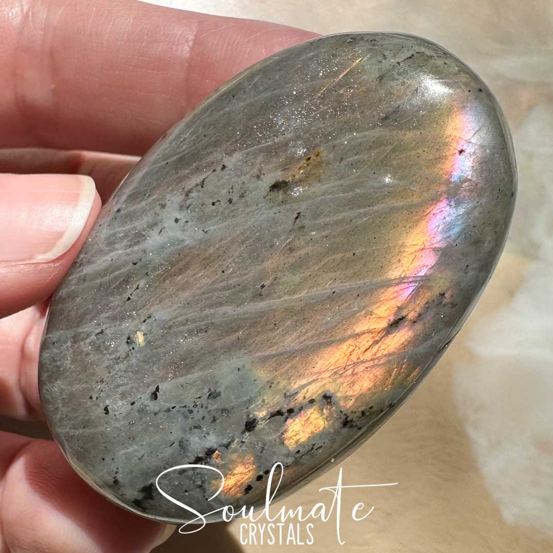 Soulmate Crystals Labradorite Sunset Polished Crystal Palm Stone, Pink, Orange, Gold, Green Flash Polished Crystal for Intuition, Transformation, Higher Consciousness, Grade A, Extra Quality Grade Sunset Labradorite.