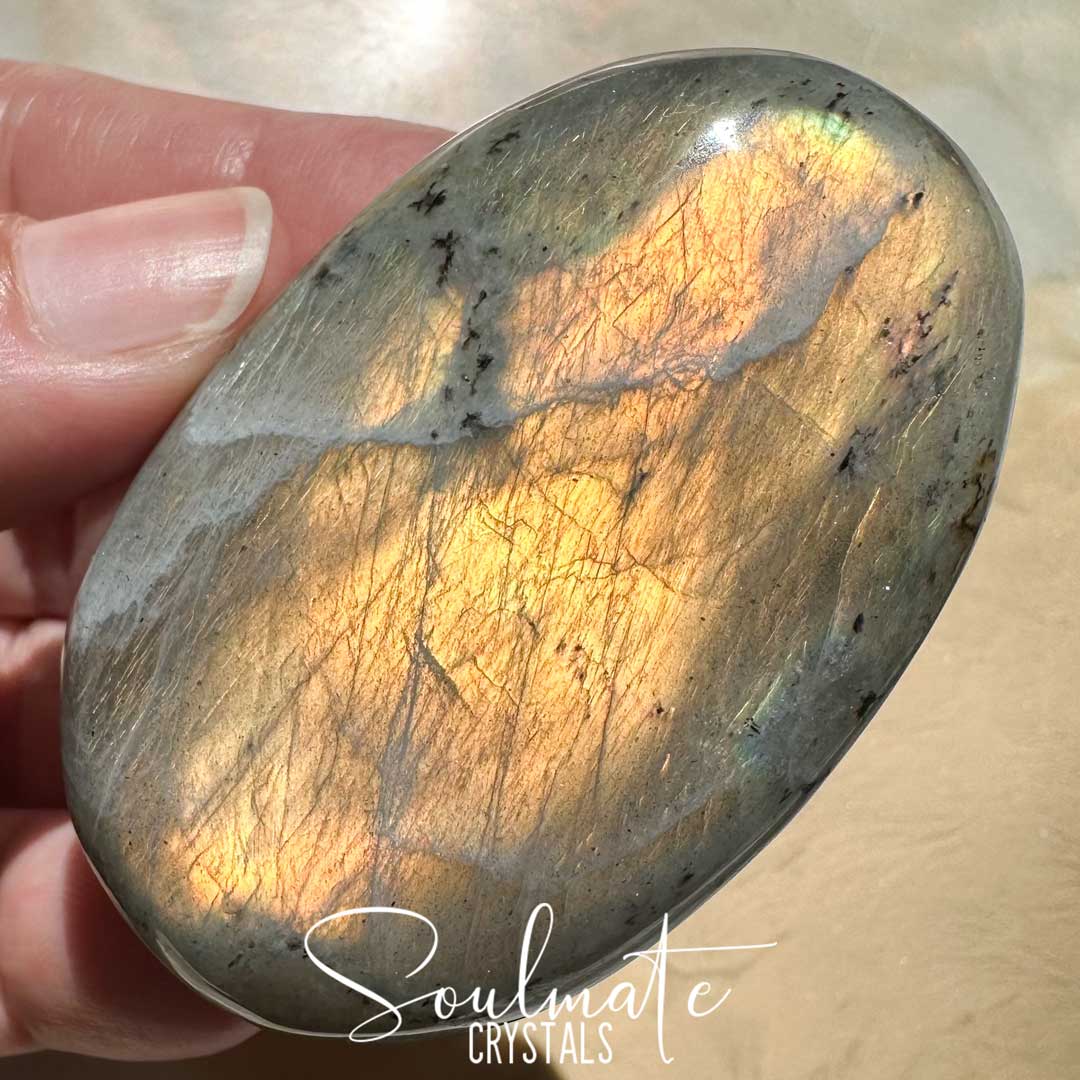 Soulmate Crystals Labradorite Sunset Polished Crystal Palm Stone, Pink, Orange, Gold, Green Flash Polished Crystal for Intuition, Transformation, Higher Consciousness, Grade A, Extra Quality Grade Sunset Labradorite.