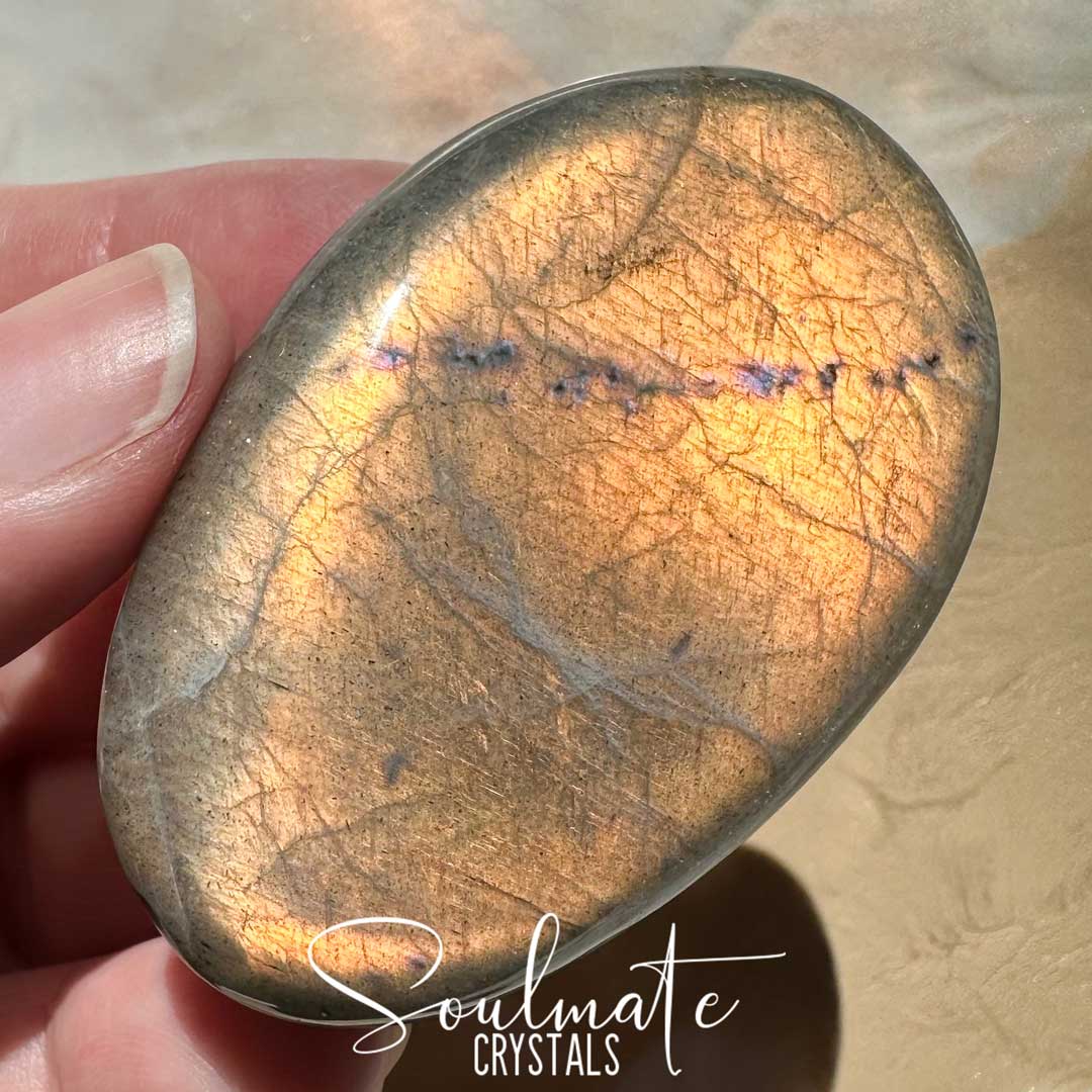 Soulmate Crystals Labradorite Sunset Polished Crystal Palm Stone, Pink, Orange, Gold, Green Flash Polished Crystal for Intuition, Transformation, Higher Consciousness, Grade A, Extra Quality Grade Sunset Labradorite.