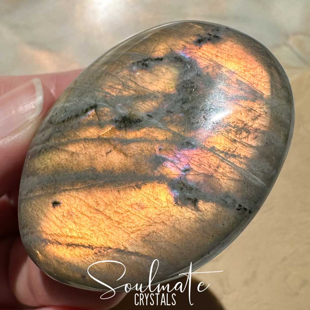 Soulmate Crystals Labradorite Sunset Polished Crystal Palm Stone, Pink, Orange, Gold, Green Flash Polished Crystal for Intuition, Transformation, Higher Consciousness, Grade A, Extra Quality Grade Sunset Labradorite.