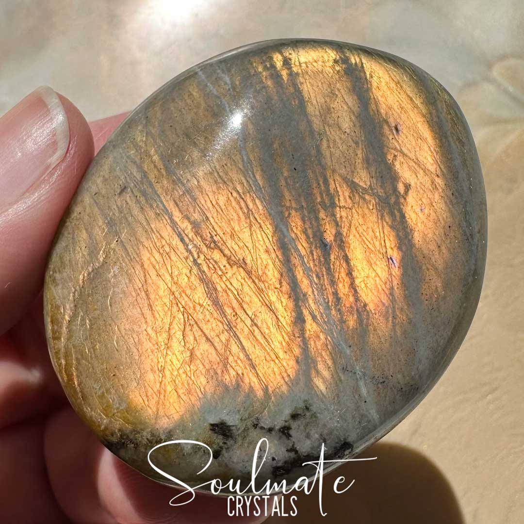 Soulmate Crystals Labradorite Sunset Polished Crystal Palm Stone, Pink, Orange, Gold, Green Flash Polished Crystal for Intuition, Transformation, Higher Consciousness, Grade A, Extra Quality Grade Sunset Labradorite.