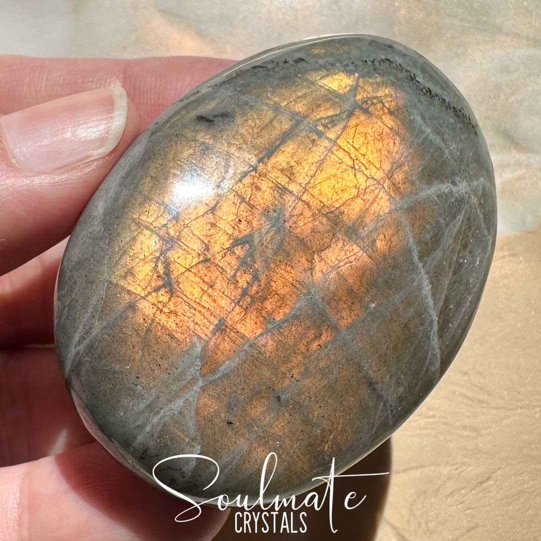 Soulmate Crystals Labradorite Sunset Polished Crystal Palm Stone, Pink, Orange, Gold, Green Flash Polished Crystal for Intuition, Transformation, Higher Consciousness, Grade A, Extra Quality Grade Sunset Labradorite.