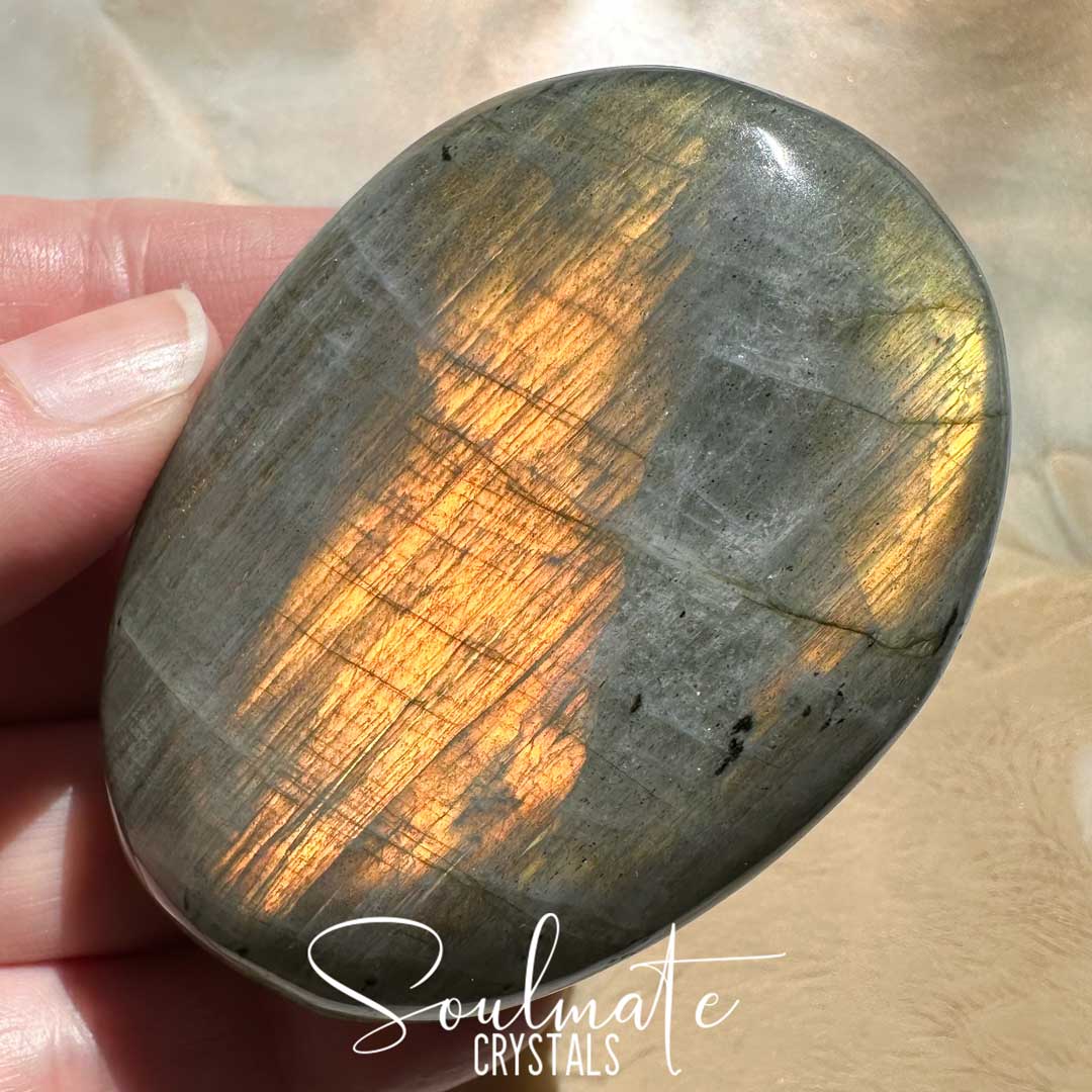 Soulmate Crystals Labradorite Sunset Polished Crystal Palm Stone, Pink, Orange, Gold, Green Flash Polished Crystal for Intuition, Transformation, Higher Consciousness, Grade A, Extra Quality Grade Sunset Labradorite.