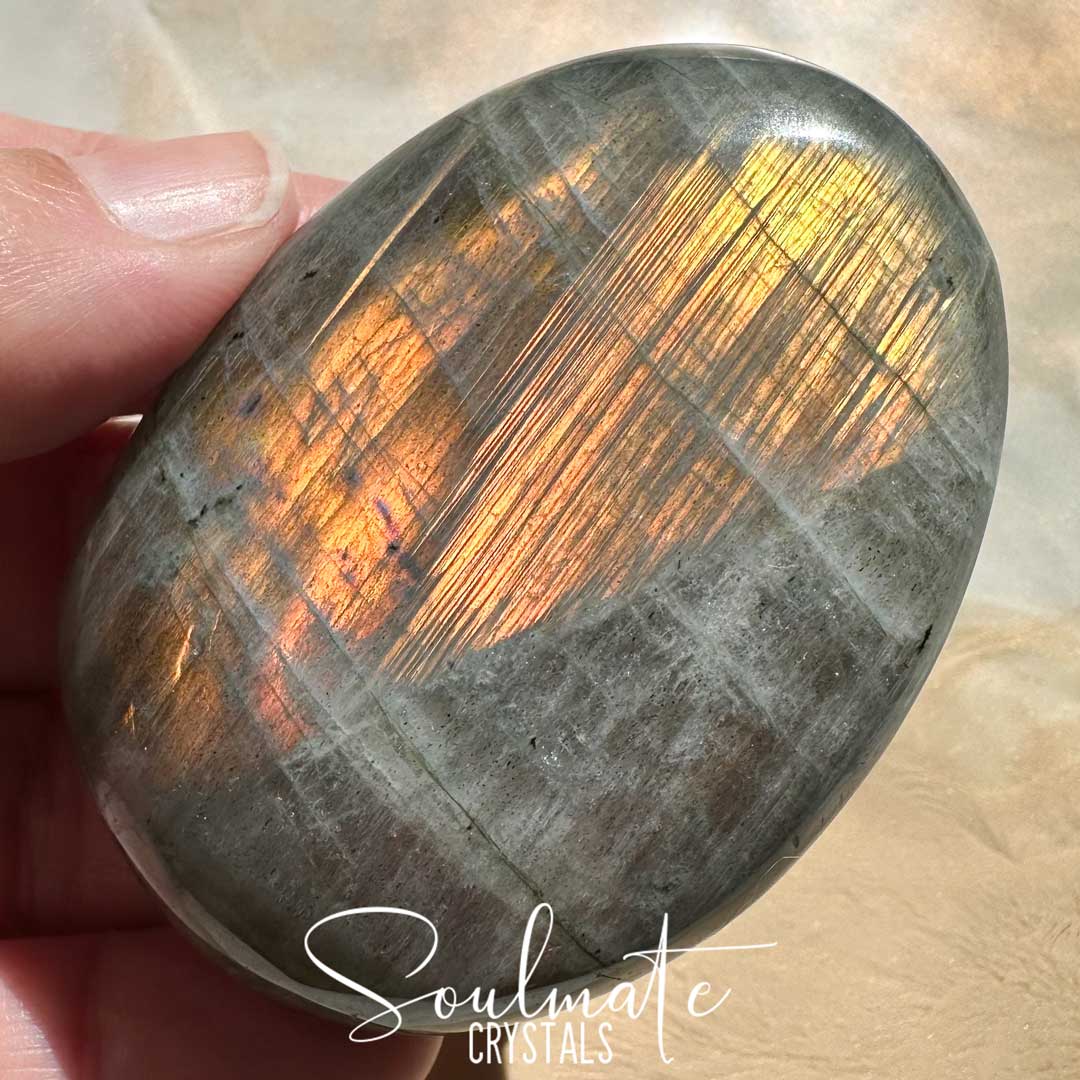 Soulmate Crystals Labradorite Sunset Polished Crystal Palm Stone, Pink, Orange, Gold, Green Flash Polished Crystal for Intuition, Transformation, Higher Consciousness, Grade A, Extra Quality Grade Sunset Labradorite.
