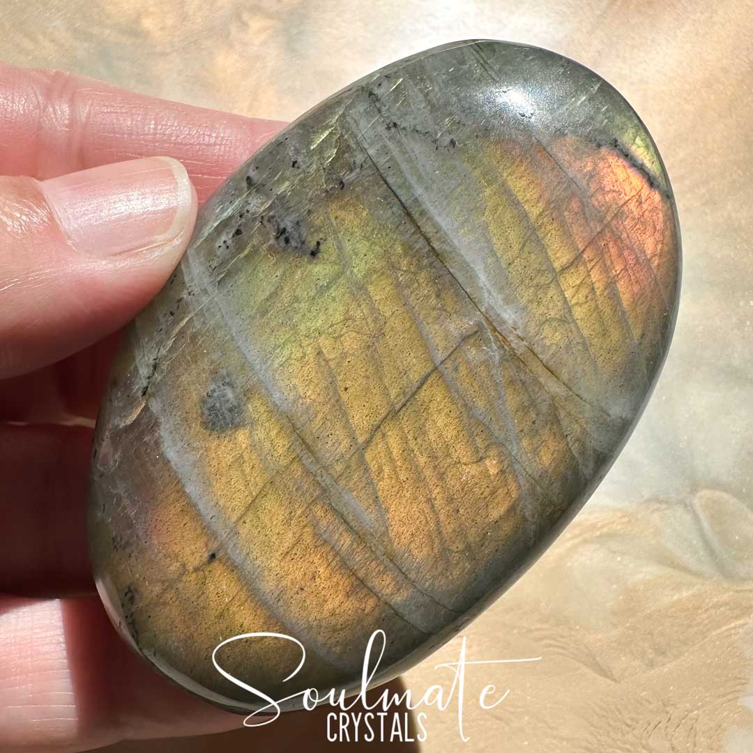 Soulmate Crystals Labradorite Sunset Polished Crystal Palm Stone, Pink, Orange, Gold, Green Flash Polished Crystal for Intuition, Transformation, Higher Consciousness, Grade A, Extra Quality Grade Sunset Labradorite.
