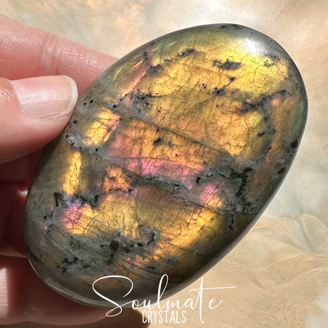 Soulmate Crystals Labradorite Sunset Polished Crystal Palm Stone, Pink, Orange, Gold, Green Flash Polished Crystal for Intuition, Transformation, Higher Consciousness, Grade A, Extra Quality Grade Sunset Labradorite.