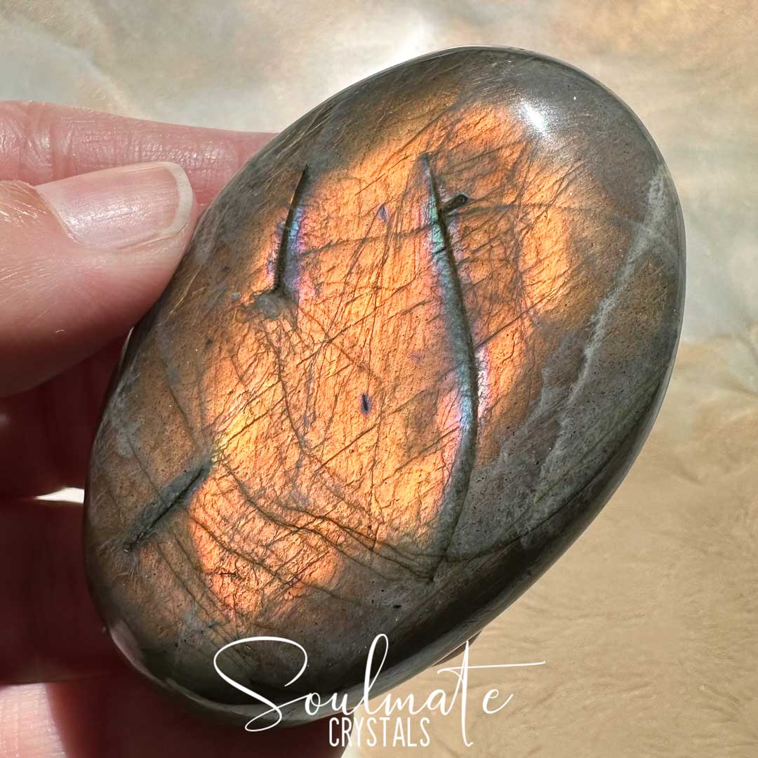 Soulmate Crystals Labradorite Sunset Polished Crystal Palm Stone, Pink, Orange, Gold, Green Flash Polished Crystal for Intuition, Transformation, Higher Consciousness, Grade A, Extra Quality Grade Sunset Labradorite.