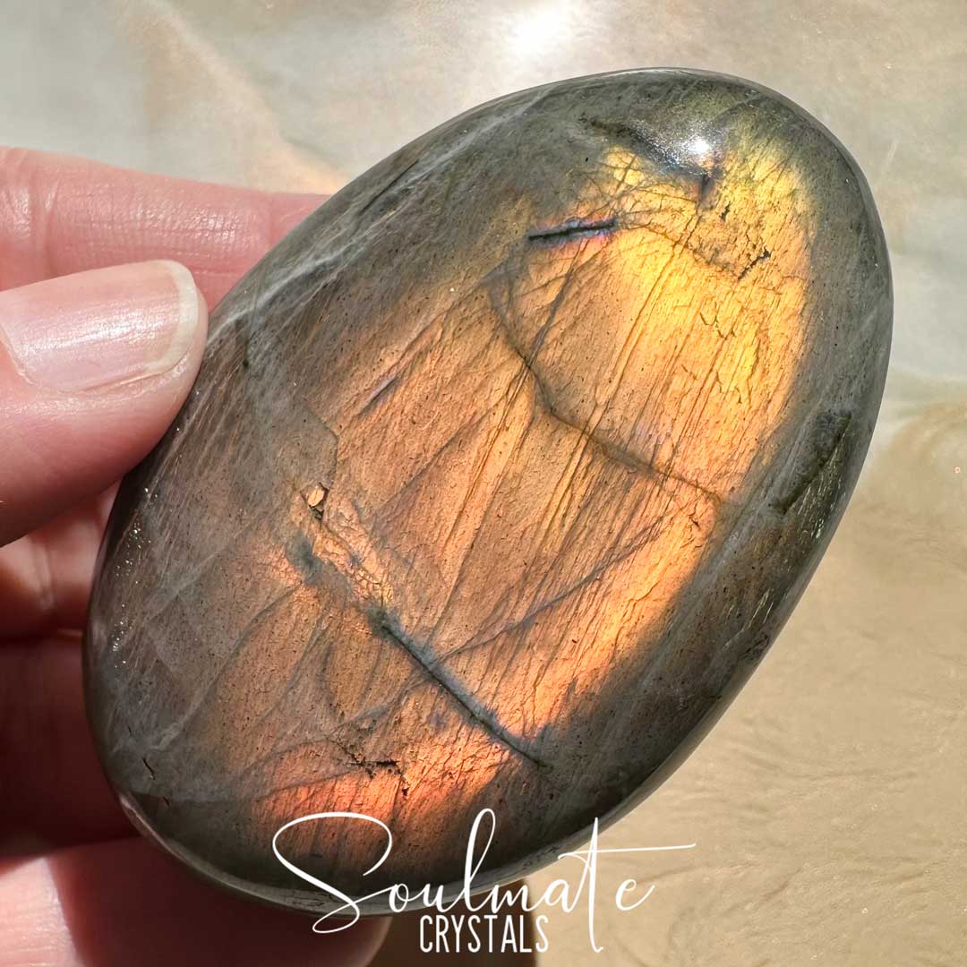 Soulmate Crystals Labradorite Sunset Polished Crystal Palm Stone, Pink, Orange, Gold, Green Flash Polished Crystal for Intuition, Transformation, Higher Consciousness, Grade A, Extra Quality Grade Sunset Labradorite.