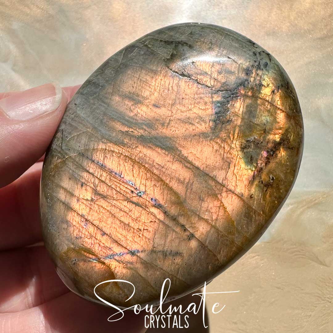 Soulmate Crystals Labradorite Sunset Polished Crystal Palm Stone, Pink, Orange, Gold, Green Flash Polished Crystal for Intuition, Transformation, Higher Consciousness, Grade A, Extra Quality Grade Sunset Labradorite.