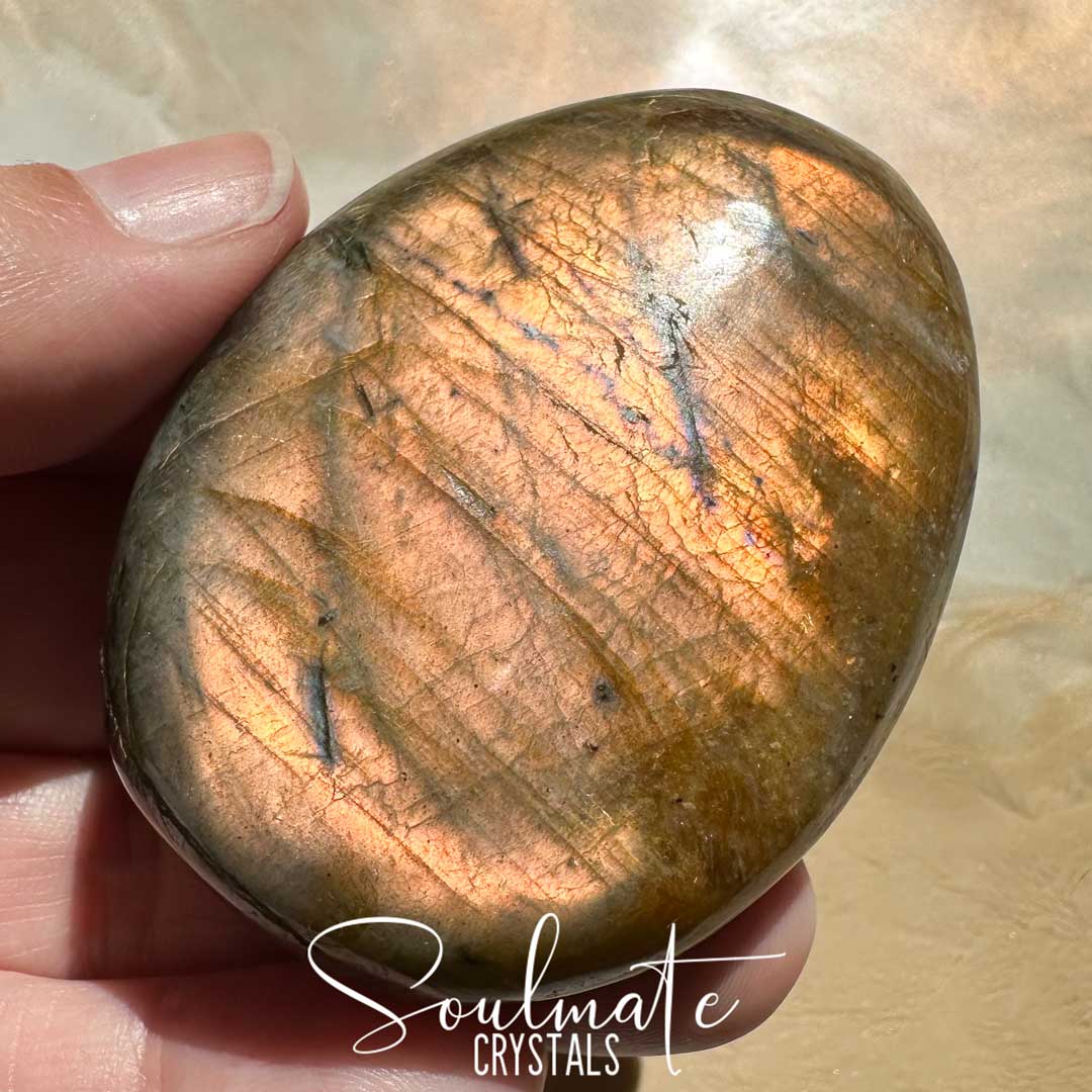 Soulmate Crystals Labradorite Sunset Polished Crystal Palm Stone, Pink, Orange, Gold, Green Flash Polished Crystal for Intuition, Transformation, Higher Consciousness, Grade A, Extra Quality Grade Sunset Labradorite.