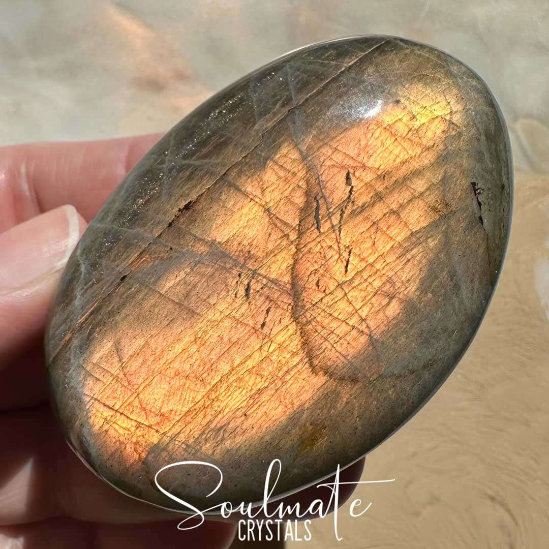 Soulmate Crystals Labradorite Sunset Polished Crystal Palm Stone, Pink, Orange, Gold, Green Flash Polished Crystal for Intuition, Transformation, Higher Consciousness, Grade A, Extra Quality Grade Sunset Labradorite.