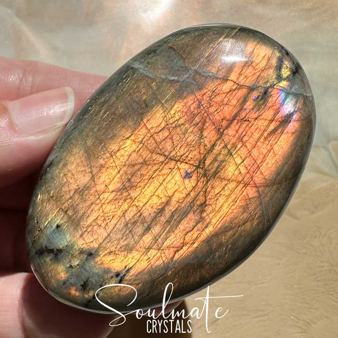 Soulmate Crystals Labradorite Sunset Polished Crystal Palm Stone, Pink, Orange, Gold, Green Flash Polished Crystal for Intuition, Transformation, Higher Consciousness, Grade A, Extra Quality Grade Sunset Labradorite.