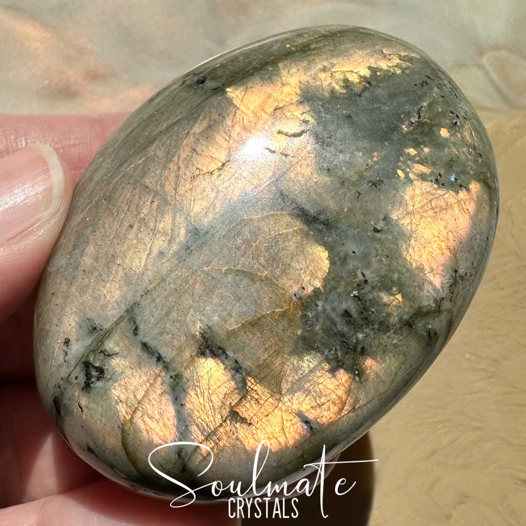 Soulmate Crystals Labradorite Sunset Polished Crystal Palm Stone, Pink, Orange, Gold, Green Flash Polished Crystal for Intuition, Transformation, Higher Consciousness, Grade A, Extra Quality Grade Sunset Labradorite.