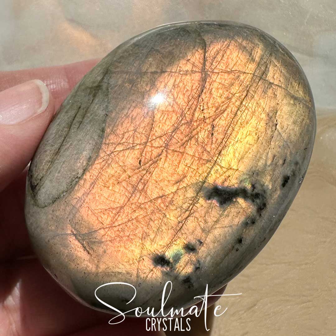 Soulmate Crystals Labradorite Sunset Polished Crystal Palm Stone, Pink, Orange, Gold, Green Flash Polished Crystal for Intuition, Transformation, Higher Consciousness, Grade A, Extra Quality Grade Sunset Labradorite.