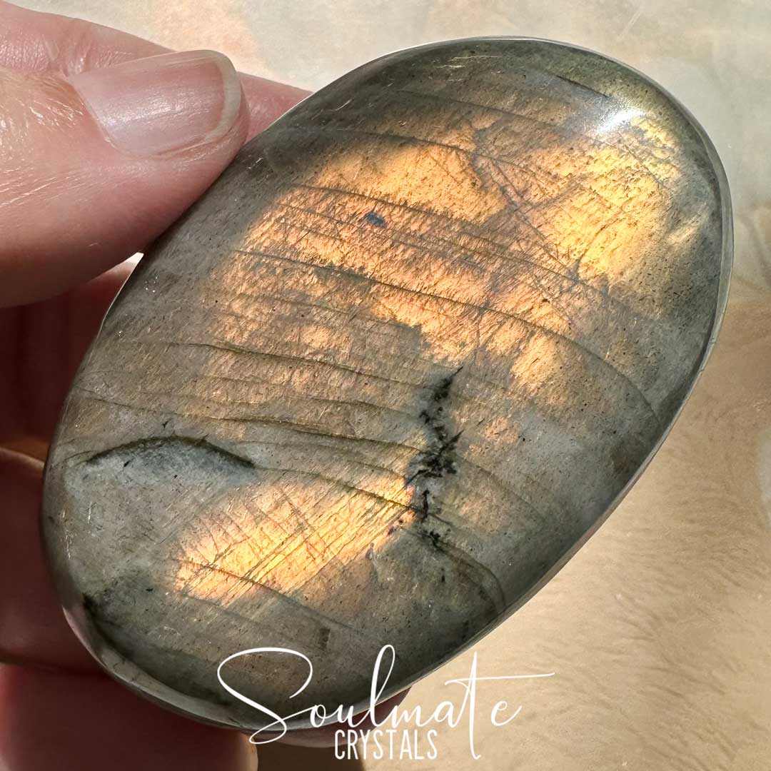 Soulmate Crystals Labradorite Sunset Polished Crystal Palm Stone, Pink, Orange, Gold, Green Flash Polished Crystal for Intuition, Transformation, Higher Consciousness, Grade A, Extra Quality Grade Sunset Labradorite.