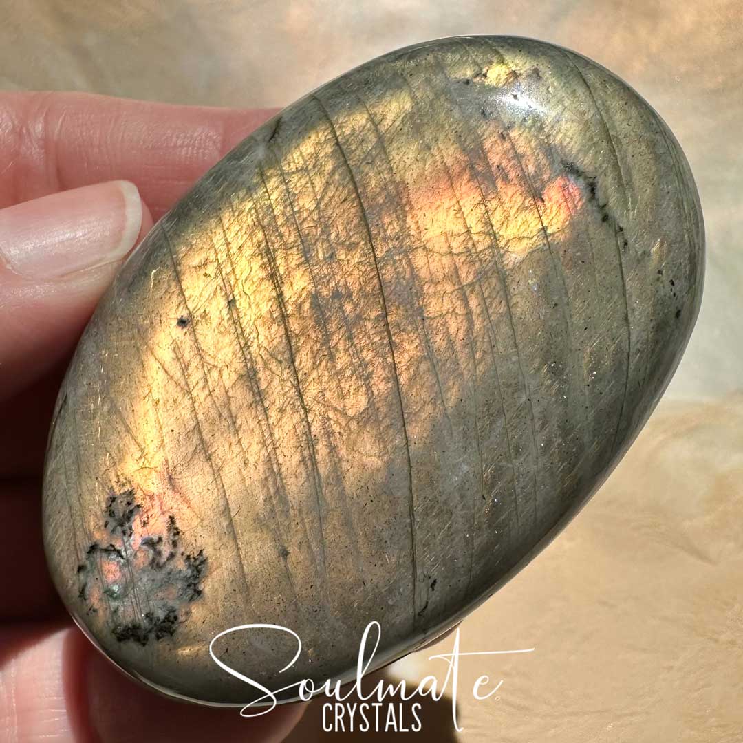 Soulmate Crystals Labradorite Sunset Polished Crystal Palm Stone, Pink, Orange, Gold, Green Flash Polished Crystal for Intuition, Transformation, Higher Consciousness, Grade A, Extra Quality Grade Sunset Labradorite.