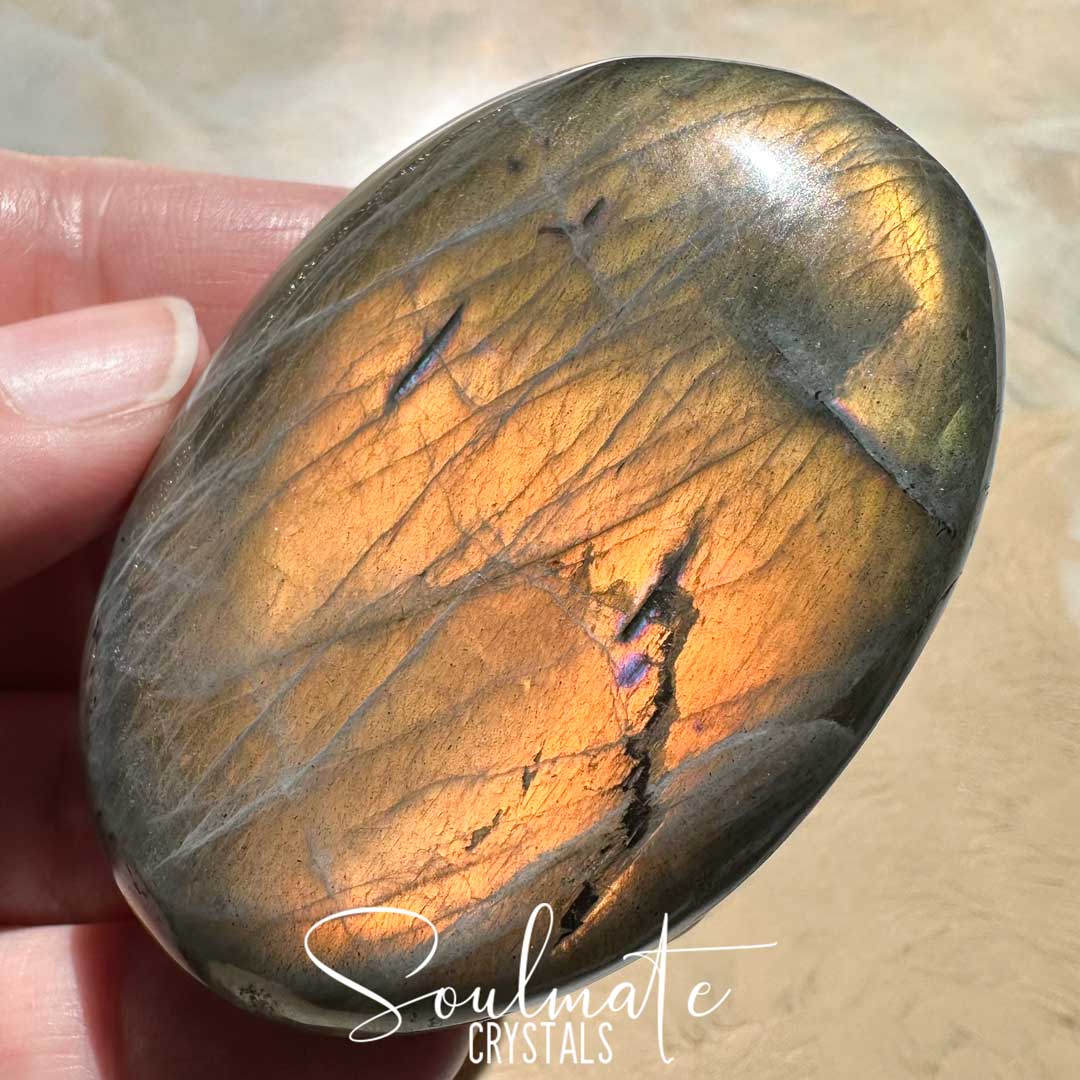 Soulmate Crystals Labradorite Sunset Polished Crystal Palm Stone, Pink, Orange, Gold, Green Flash Polished Crystal for Intuition, Transformation, Higher Consciousness, Grade A, Extra Quality Grade Sunset Labradorite.