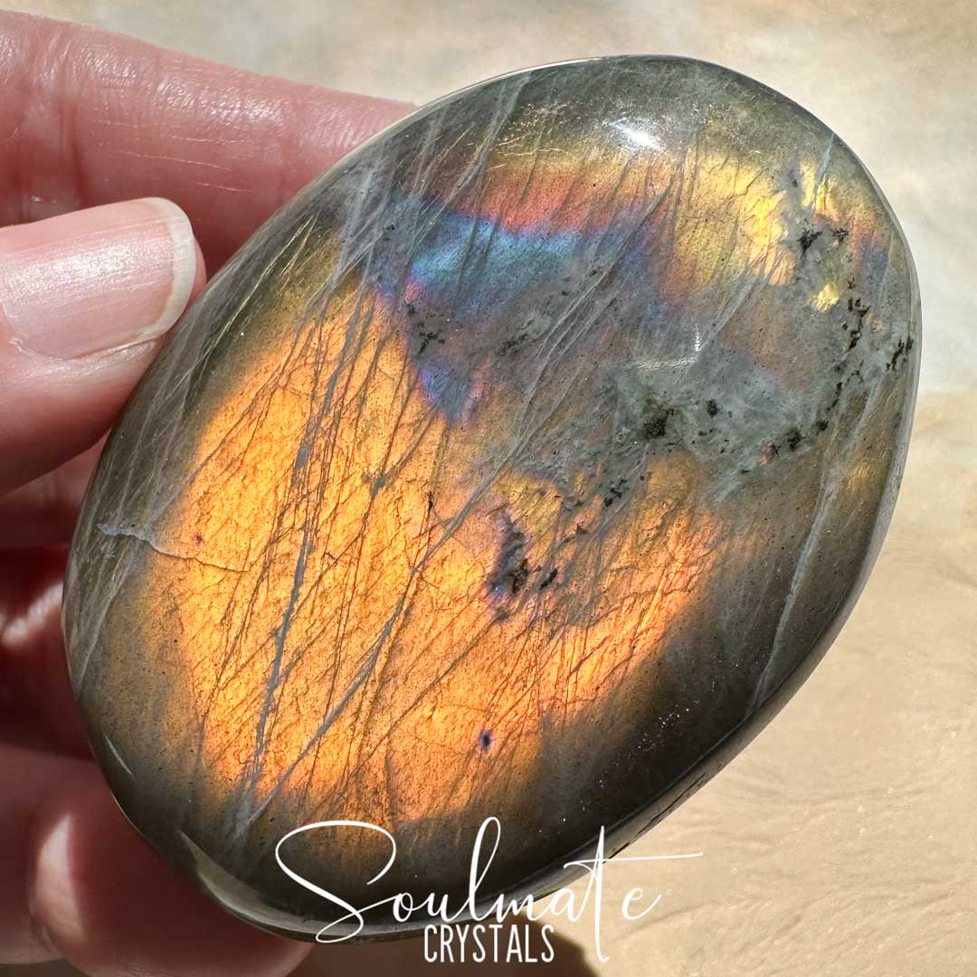 Soulmate Crystals Labradorite Sunset Polished Crystal Palm Stone, Pink, Orange, Gold, Green Flash Polished Crystal for Intuition, Transformation, Higher Consciousness, Grade A, Extra Quality Grade Sunset Labradorite.