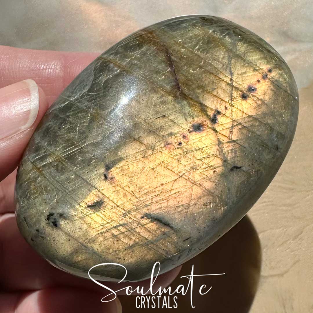 Soulmate Crystals Labradorite Sunset Polished Crystal Palm Stone, Pink, Orange, Gold, Green Flash Polished Crystal for Intuition, Transformation, Higher Consciousness, Grade A, Extra Quality Grade Sunset Labradorite.