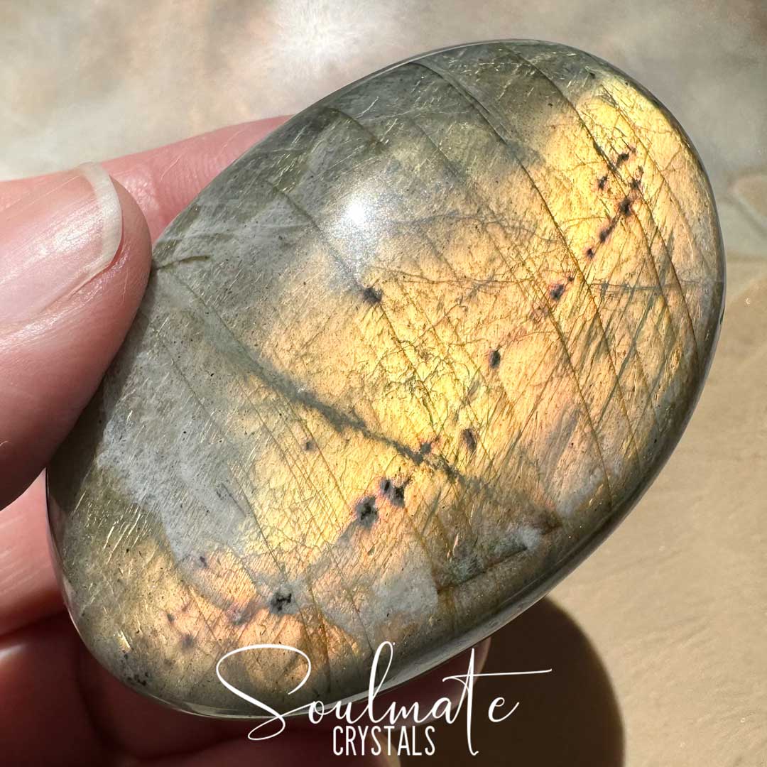 Soulmate Crystals Labradorite Sunset Polished Crystal Palm Stone, Pink, Orange, Gold, Green Flash Polished Crystal for Intuition, Transformation, Higher Consciousness, Grade A, Extra Quality Grade Sunset Labradorite.