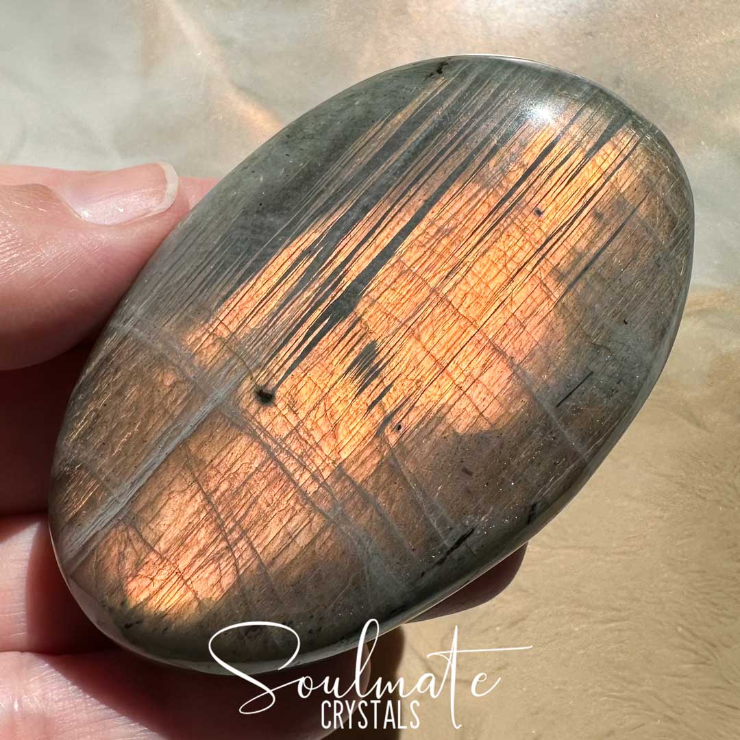 Soulmate Crystals Labradorite Sunset Polished Crystal Palm Stone, Pink, Orange, Gold, Green Flash Polished Crystal for Intuition, Transformation, Higher Consciousness, Grade A, Extra Quality Grade Sunset Labradorite.