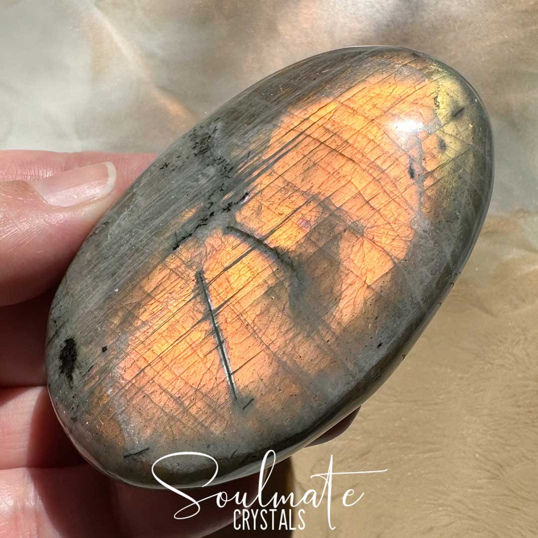 Soulmate Crystals Labradorite Sunset Polished Crystal Palm Stone, Pink, Orange, Gold, Green Flash Polished Crystal for Intuition, Transformation, Higher Consciousness, Grade A, Extra Quality Grade Sunset Labradorite.