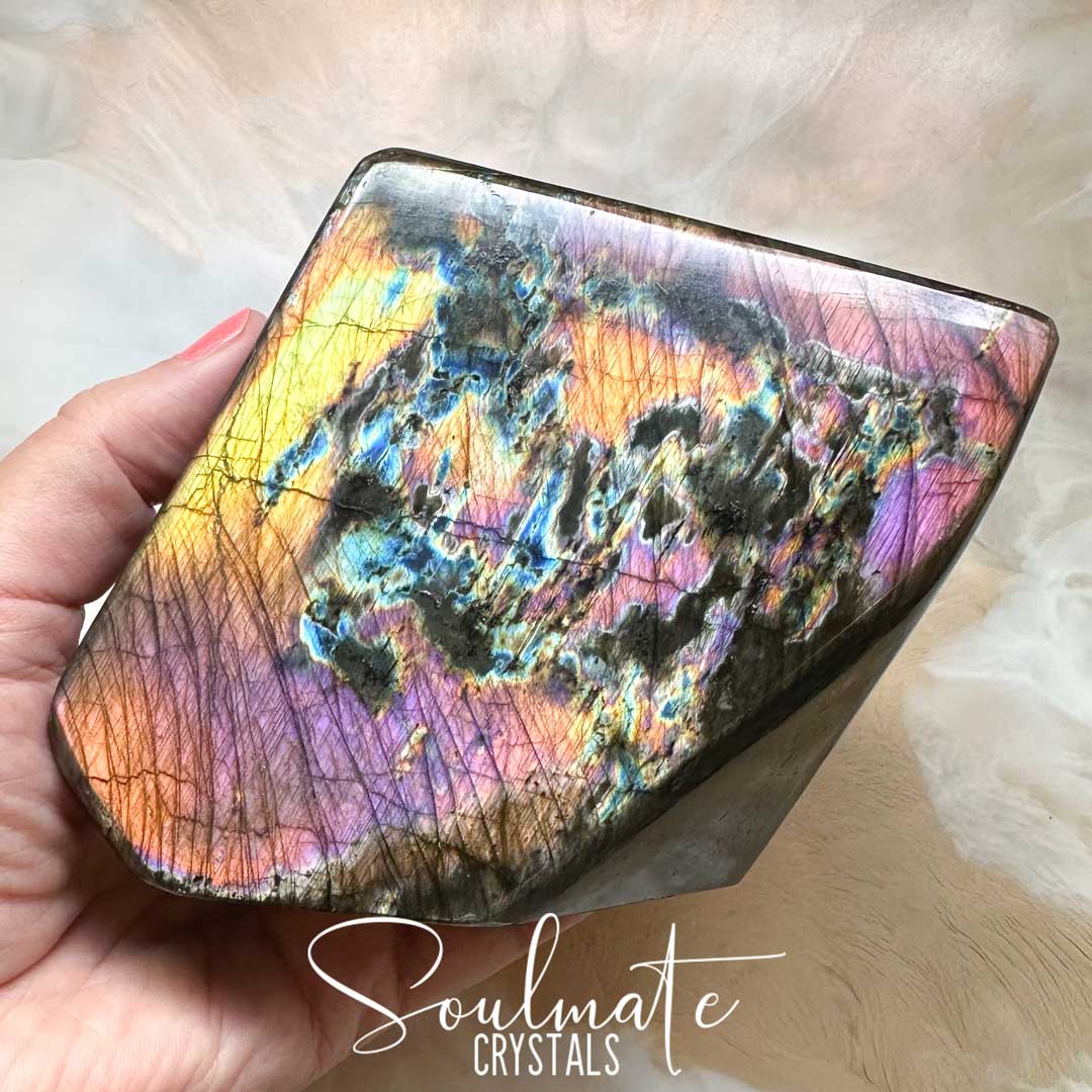 Soulmate Crystals Labradorite Sunset Rainbow Polished Crystal Freeform, Pink, Purple, Blue, Gold, Orange Flashy Crystal, Extra Quality Grade Mineral Specimen for Transformation, Intuition, Spiritual Growth.