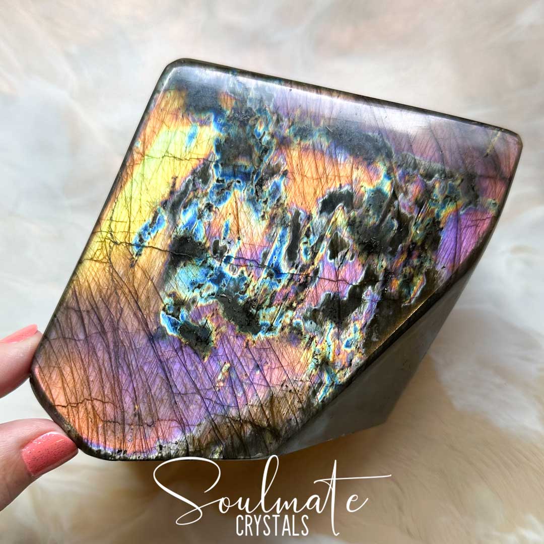 Soulmate Crystals Labradorite Sunset Rainbow Polished Crystal Freeform, Pink, Purple, Blue, Gold, Orange Flashy Crystal, Extra Quality Grade Mineral Specimen for Transformation, Intuition, Spiritual Growth.