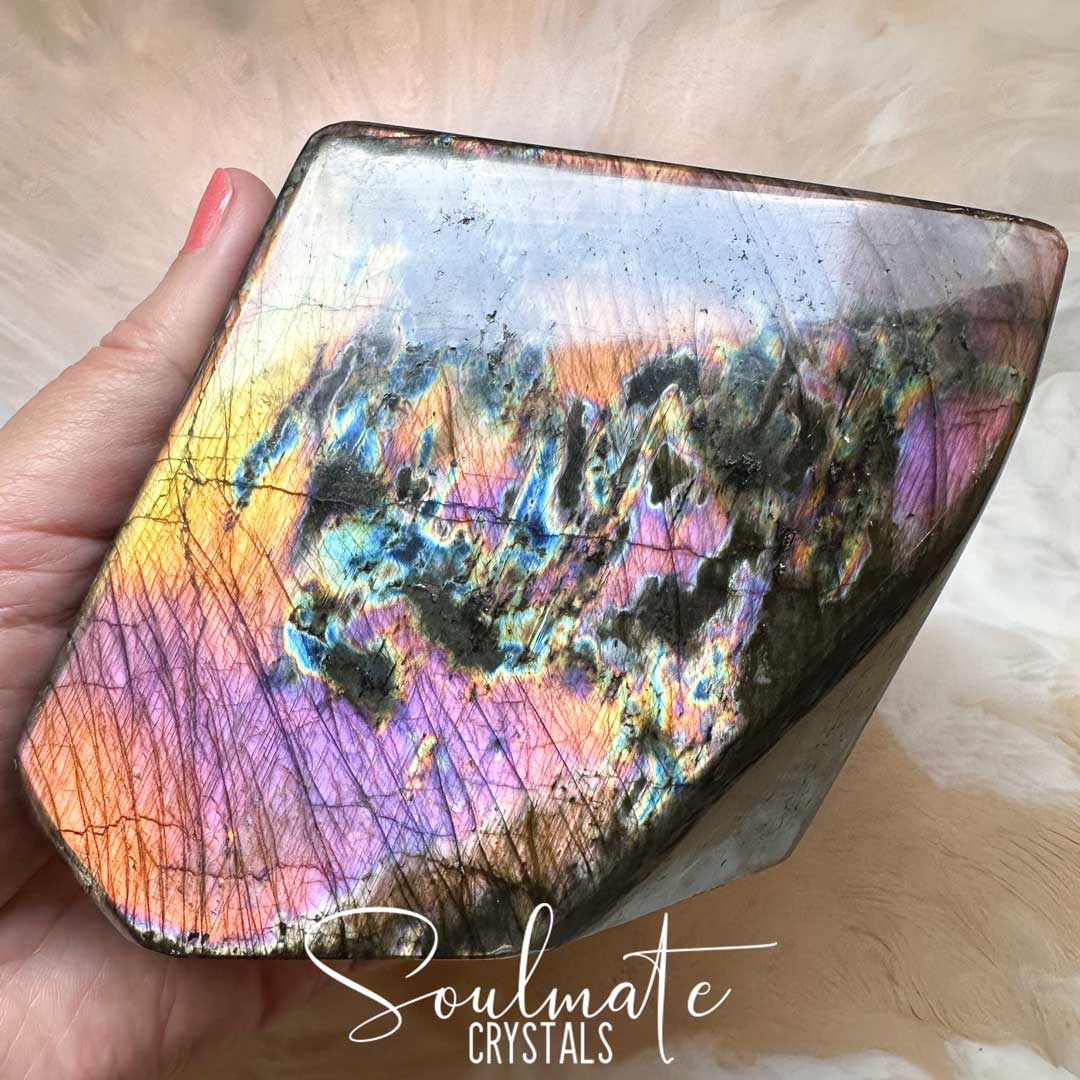 Soulmate Crystals Labradorite Sunset Rainbow Polished Crystal Freeform, Pink, Purple, Blue, Gold, Orange Flashy Crystal, Extra Quality Grade Mineral Specimen for Transformation, Intuition, Spiritual Growth.