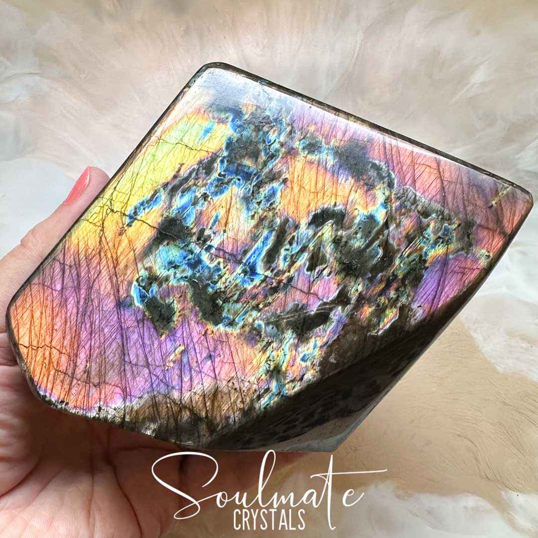 Soulmate Crystals Labradorite Sunset Rainbow Polished Crystal Freeform, Pink, Purple, Blue, Gold, Orange Flashy Crystal, Extra Quality Grade Mineral Specimen for Transformation, Intuition, Spiritual Growth.