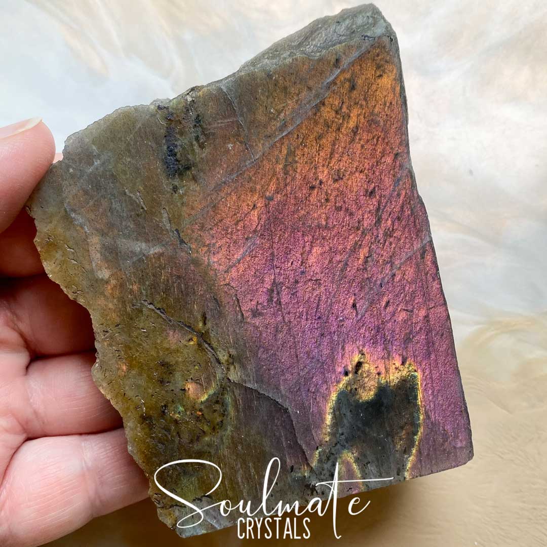 Soulmate Crystals Labradorite Sunset Raw Polished Crystal Slab, Pink, Orange, Gold, Green Flash Polished Crystal for Intuition, Transformation, Higher Consciousness, Grade A