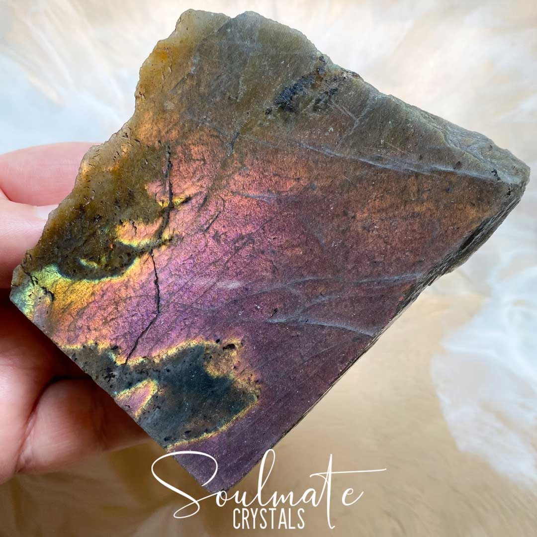 Soulmate Crystals Labradorite Sunset Raw Polished Crystal Slab, Pink, Orange, Gold, Green Flash Polished Crystal for Intuition, Transformation, Higher Consciousness, Grade A