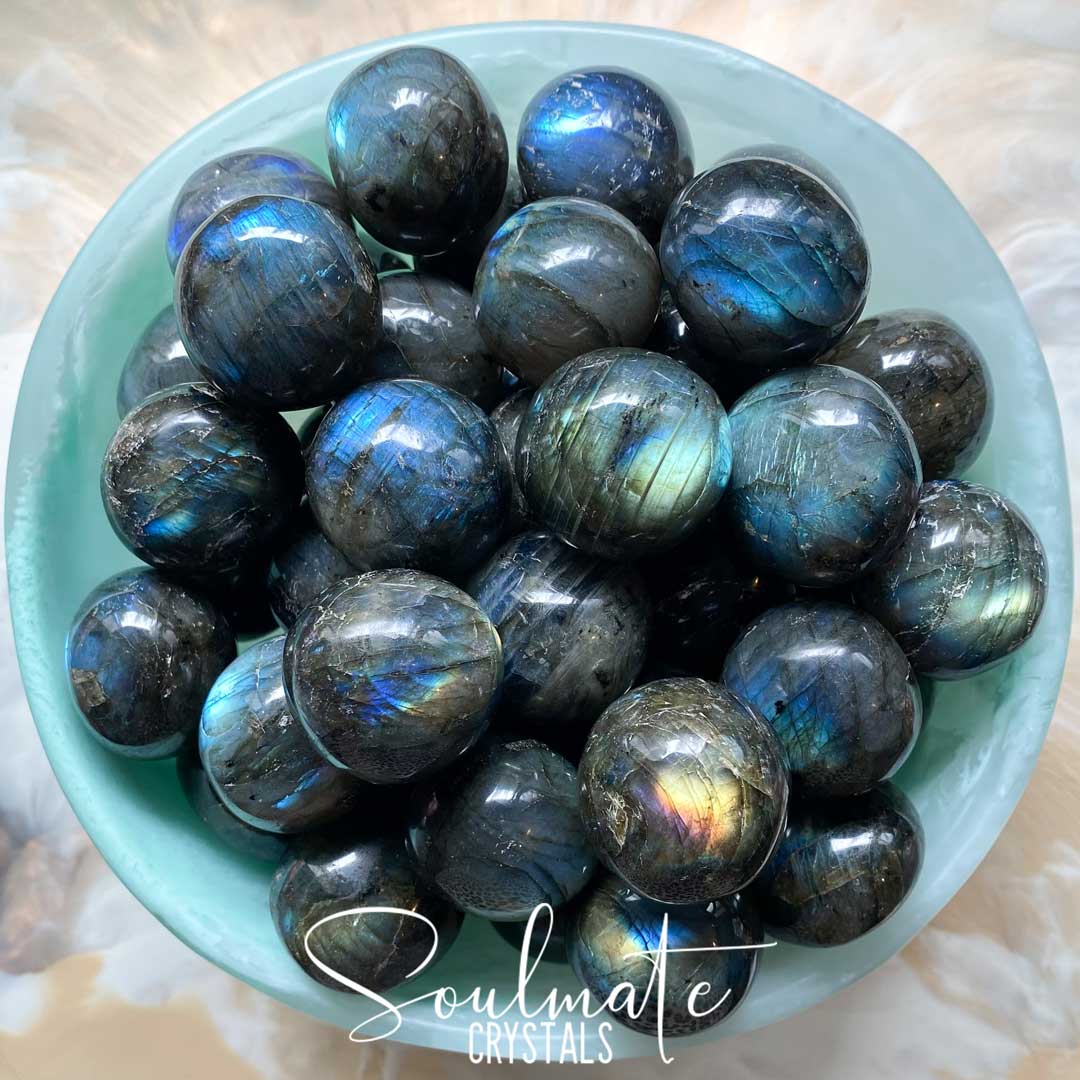 Soulmate Crystals Labradorite Tumbled Stone, Blue, Gold, Green Flash Polished Crystal for Intuition, Transformation, Higher Consciousness, Grade A Plus