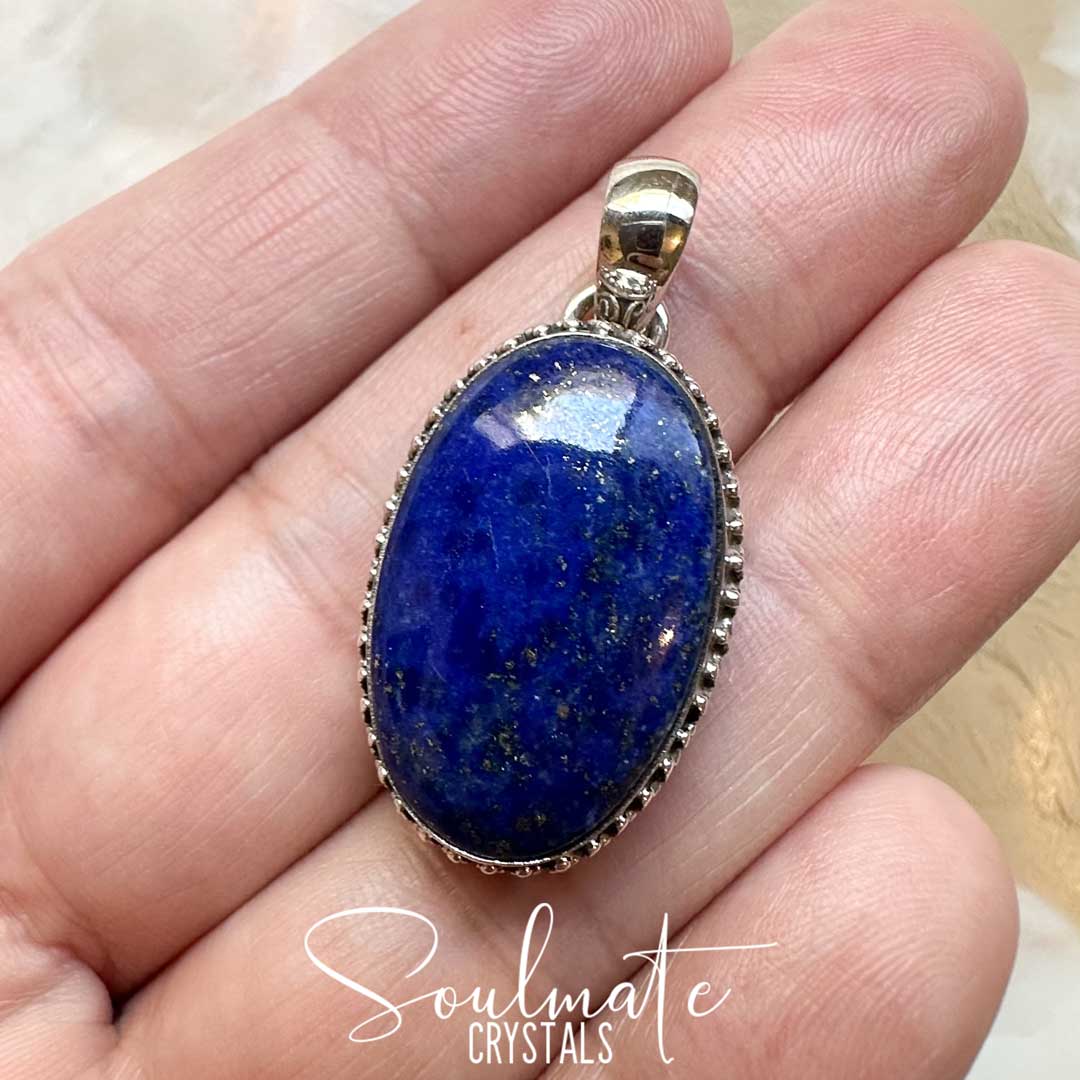 Soulmate Crystals Lapis Lazuli Polished Crystal Pendant Oval Sterling Silver Grade AA, Polished Blue Lapis Lazuli Crystal Golden Pyrite Inclusions for Wisdom, Spiritual Transformation, Pendant, Jewellery, Jewelry, Wearable Crystal Jewellery.