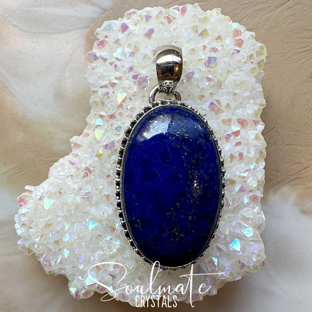 Soulmate Crystals Lapis Lazuli Polished Crystal Pendant Oval Sterling Silver Grade AA, Polished Blue Lapis Lazuli Crystal Golden Pyrite Inclusions for Wisdom, Spiritual Transformation, Pendant, Jewellery, Jewelry, Wearable Crystal Jewellery.