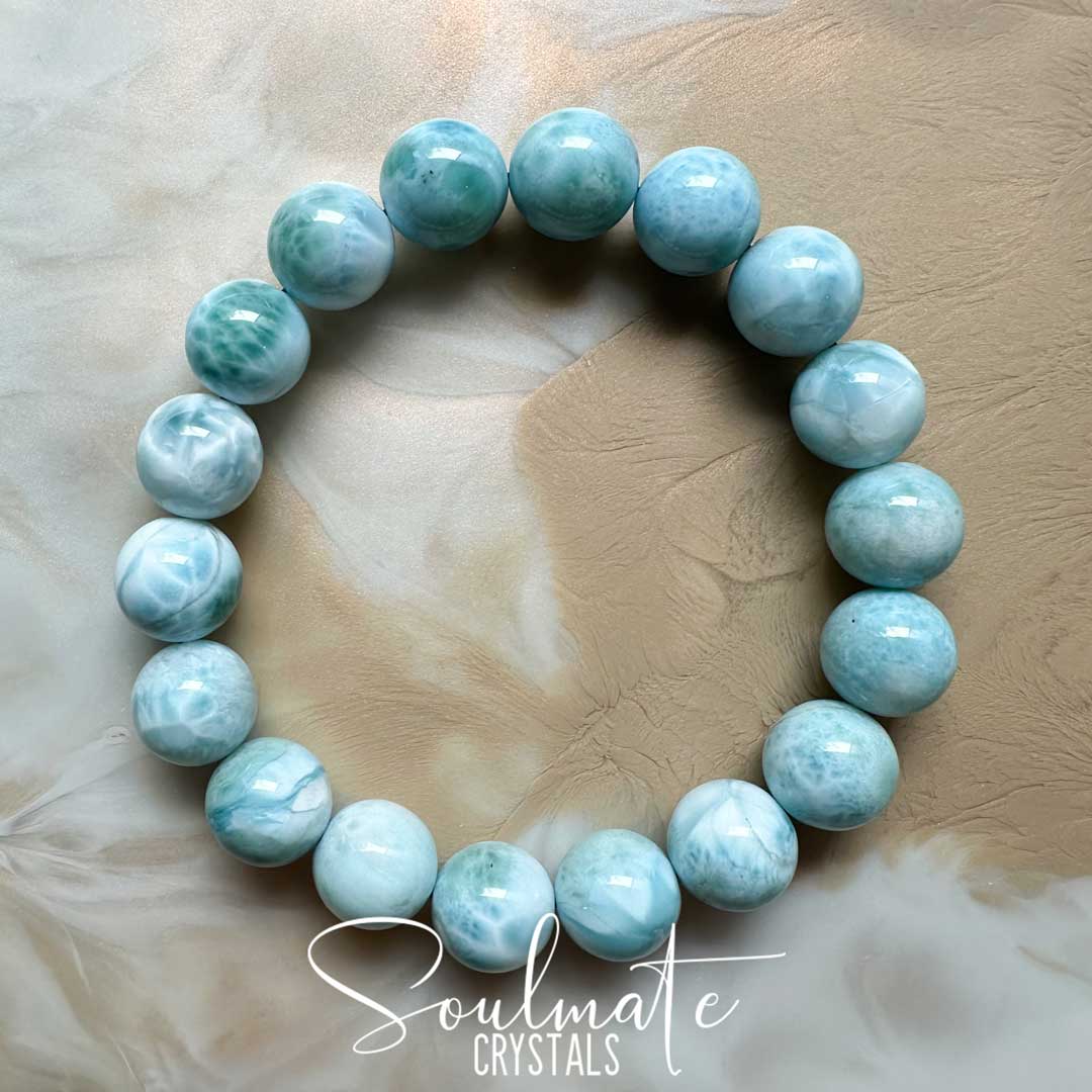 Soulmate Crystals Larimar Polished Crystal Bracelet, Rare Blue Crystal Beaded Stretchy Bracelet for Truth, Love, Peace, Harmony, Wearable Crystal Jewellery, Grade AA.