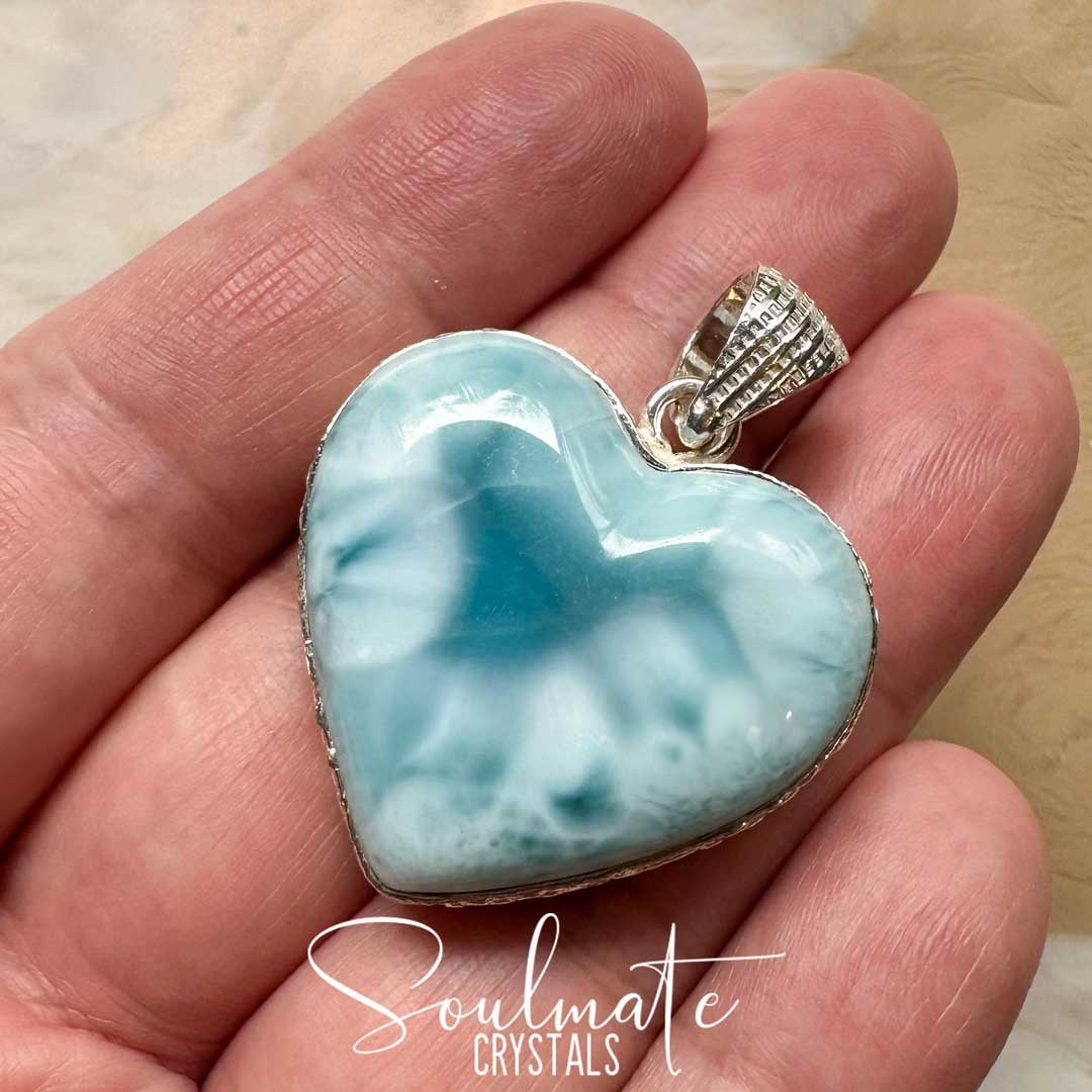 Soulmate Crystals Larimar Polished Crystal Pendant Heart Sterling Silver Grade AA, Rare Blue Crystal for Truth, Love, Peace, Harmony, Cabachon Heart, Crystal Jewellery, Statement Larimar Crystal Heart