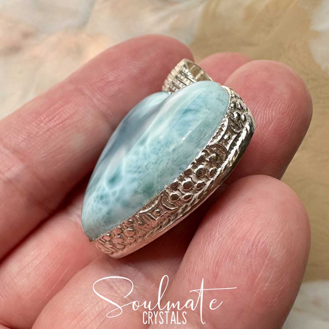 Soulmate Crystals Larimar Polished Crystal Pendant Heart Sterling Silver Grade AA, Rare Blue Crystal for Truth, Love, Peace, Harmony, Cabachon Heart, Crystal Jewellery, Statement Larimar Crystal Heart