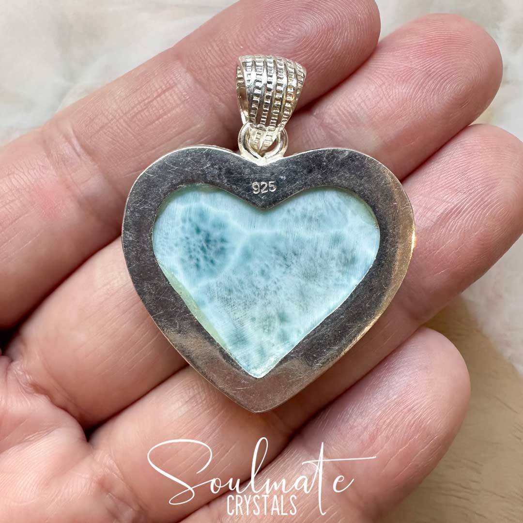 Soulmate Crystals Larimar Polished Crystal Pendant Heart Sterling Silver Grade AA, Rare Blue Crystal for Truth, Love, Peace, Harmony, Cabachon Heart, Crystal Jewellery, Statement Larimar Crystal Heart