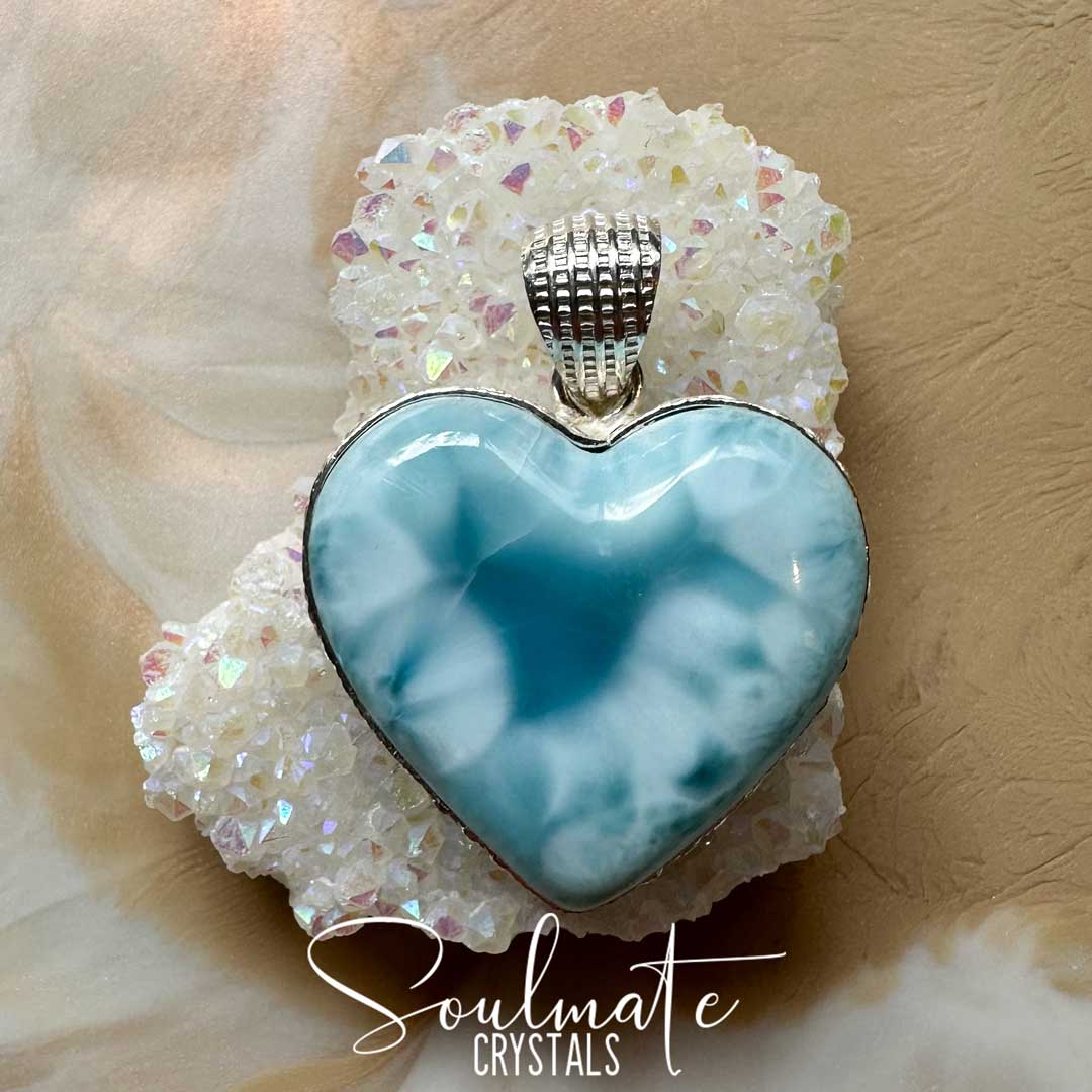 Soulmate Crystals Larimar Polished Crystal Pendant Heart Sterling Silver Grade AA, Rare Blue Crystal for Truth, Love, Peace, Harmony, Cabachon Heart, Crystal Jewellery, Statement Larimar Crystal Heart