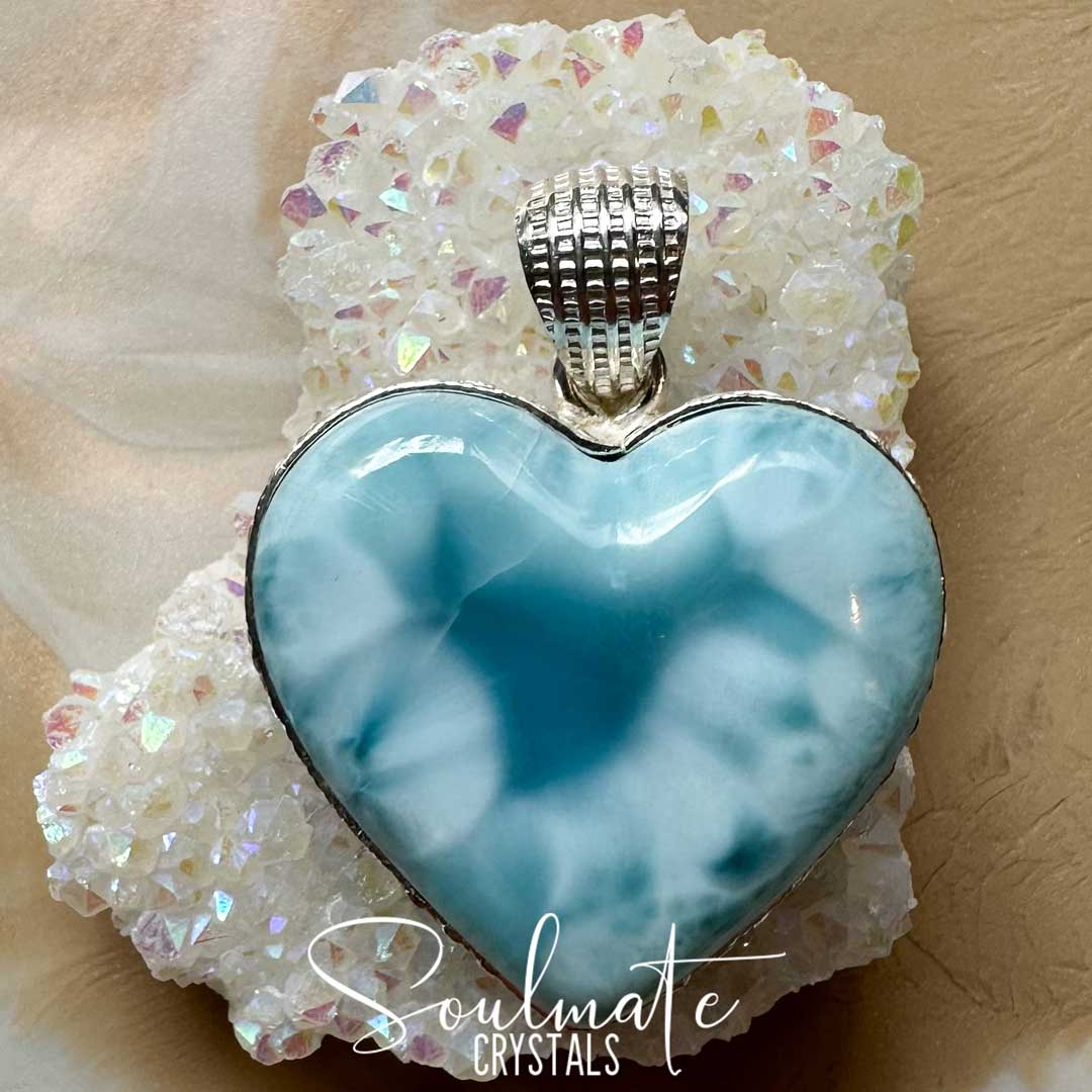 Soulmate Crystals Larimar Polished Crystal Pendant Heart Sterling Silver Grade AA, Rare Blue Crystal for Truth, Love, Peace, Harmony, Cabachon Heart, Crystal Jewellery, Statement Larimar Crystal Heart