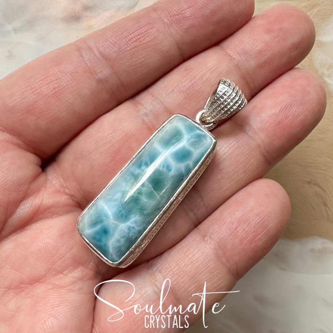 Soulmate Crystals Larimar Polished Crystal Pendant Oblong Sterling Silver Grade AA, Rare Blue Crystal for Truth, Love, Peace, Harmony, Cabachon, Crystal Jewellery, Statement Larimar Crystal Oblong 