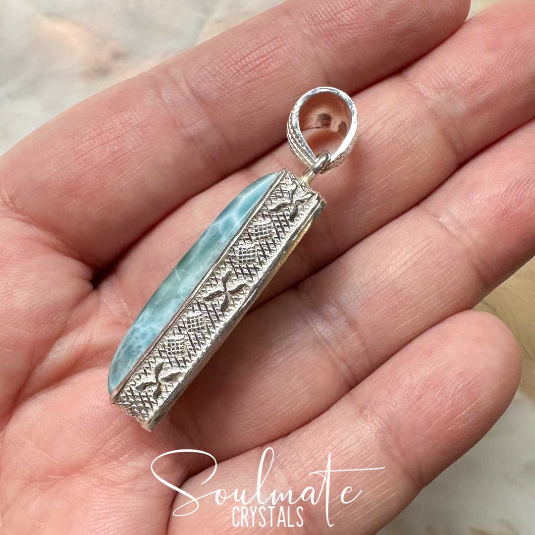 Soulmate Crystals Larimar Polished Crystal Pendant Oblong Sterling Silver Grade AA, Rare Blue Crystal for Truth, Love, Peace, Harmony, Cabachon, Crystal Jewellery, Statement Larimar Crystal Oblong 